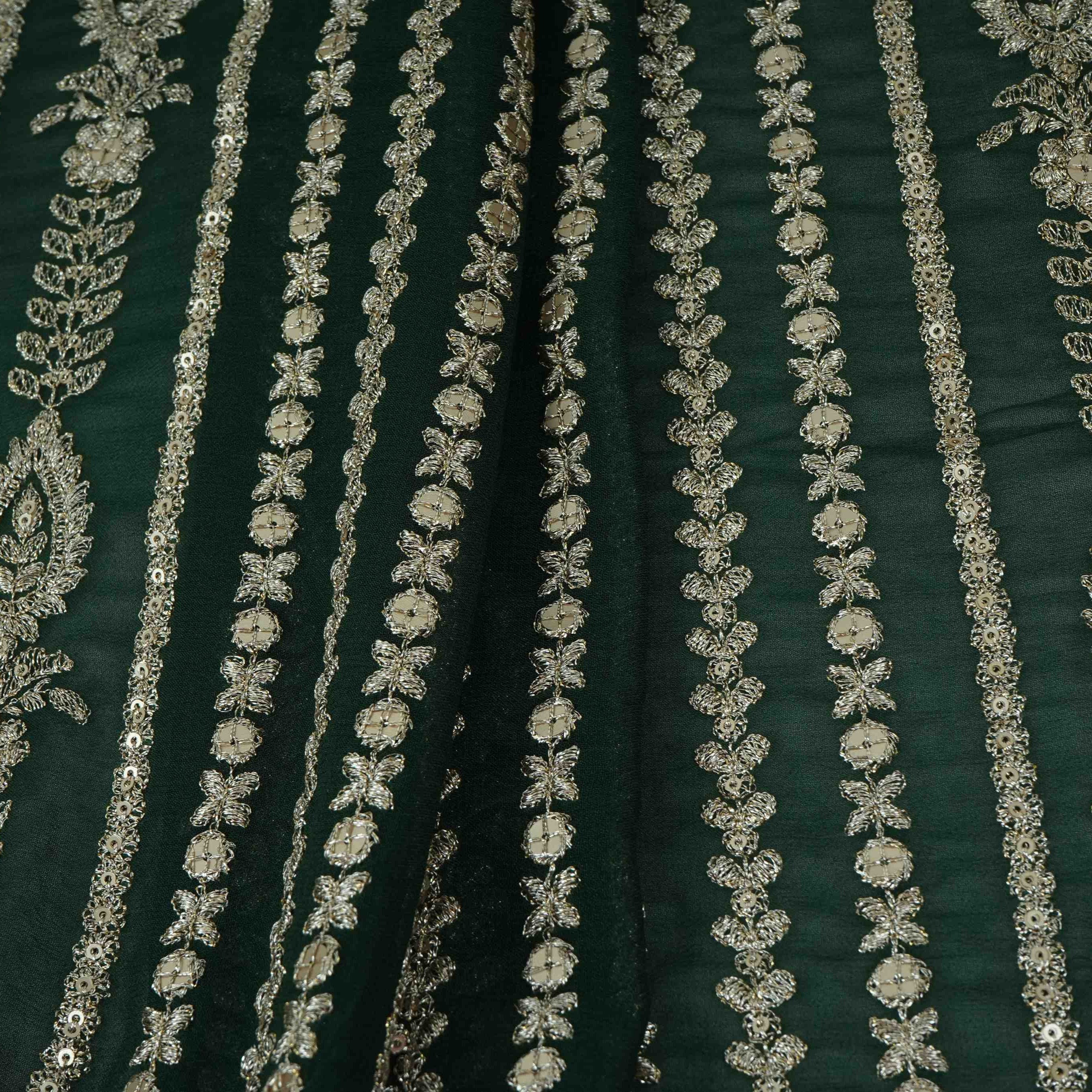 Bottle Green Zari Sequins Embroidery Georgette Fabric DR-32404 - TradeUNO