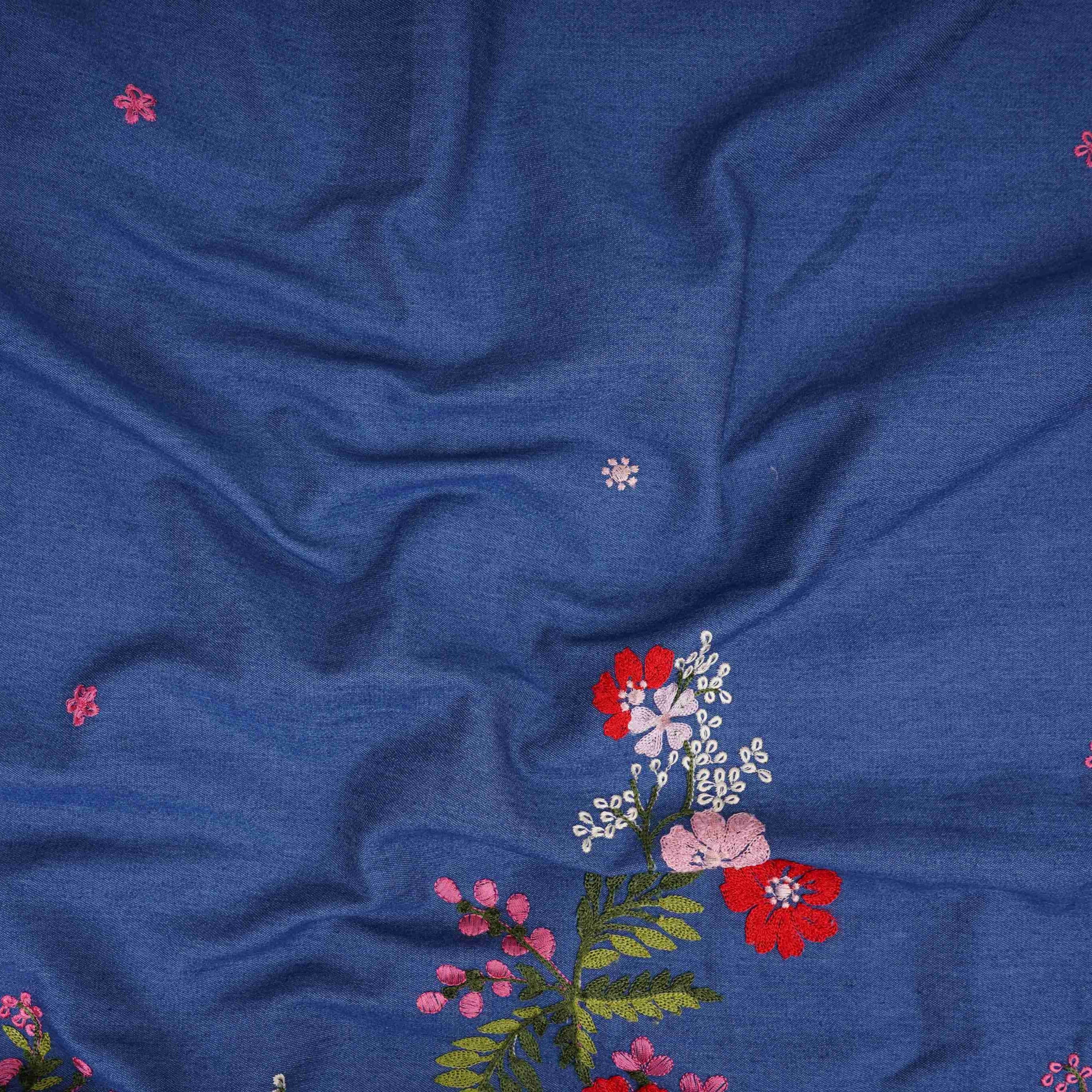 Blue Floral Thread Embroidery Denim Fabric GPF-32330 - TradeUNO