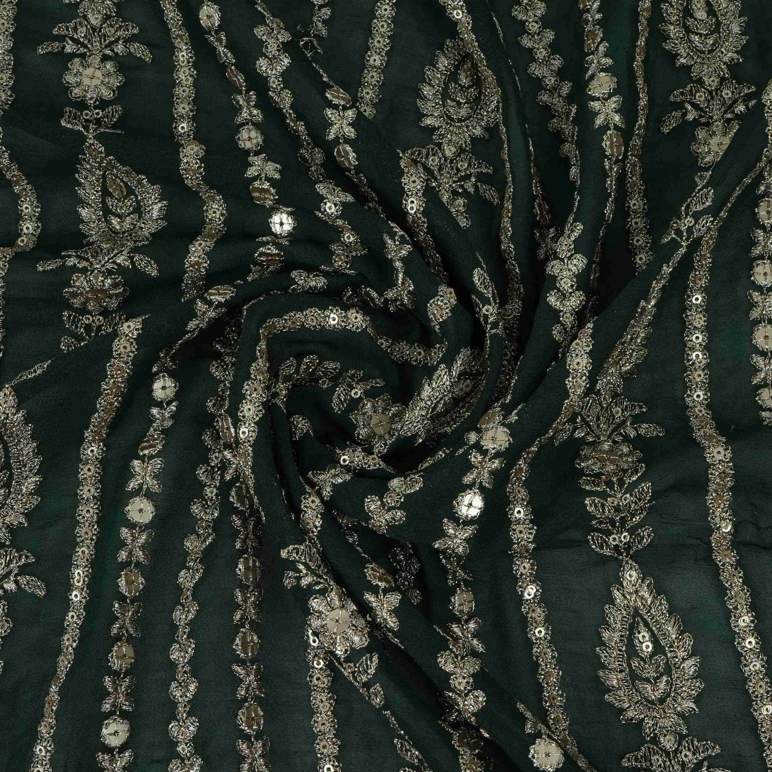 Bottle Green Zari Sequins Embroidery Georgette Fabric DR-32404 - TradeUNO