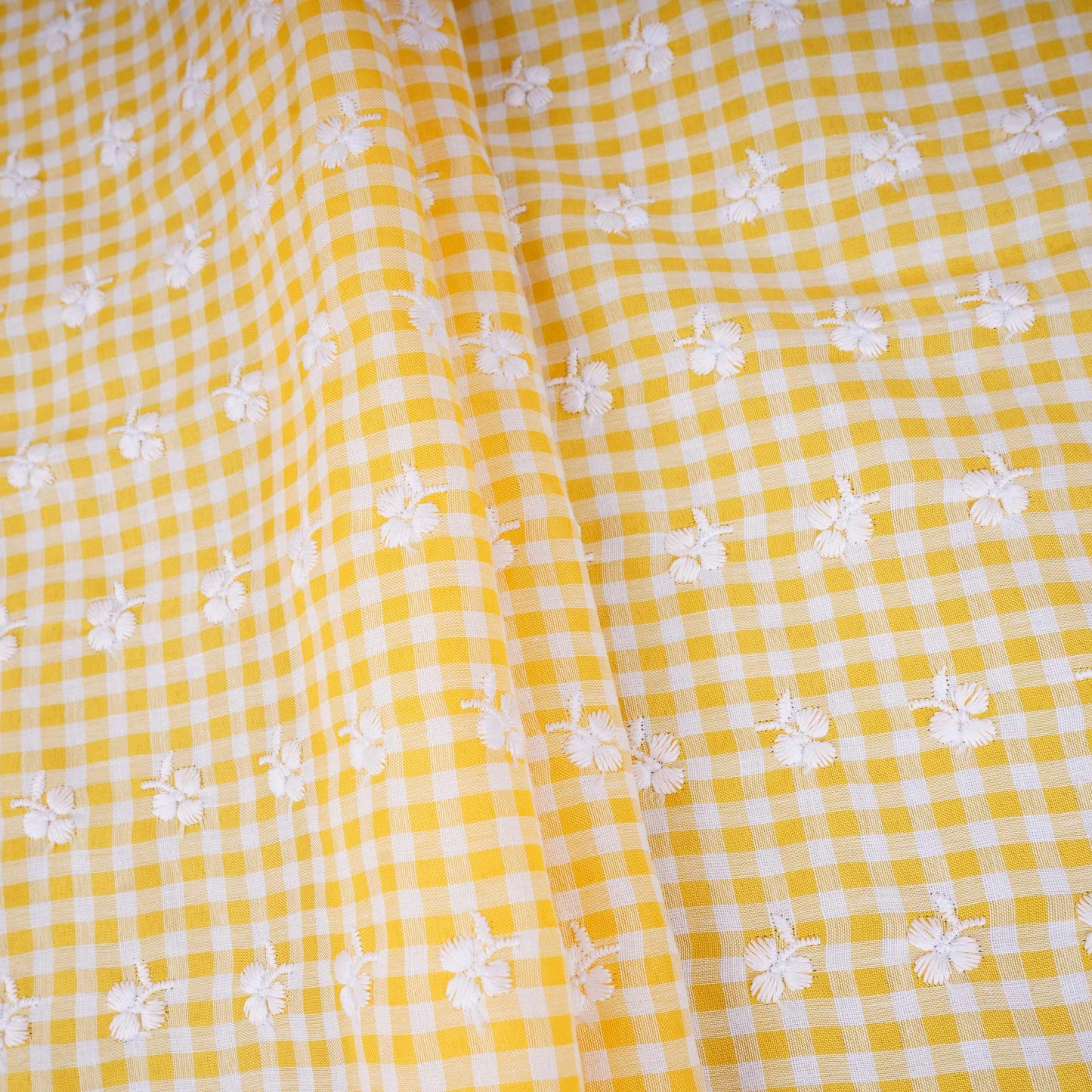 Yellow & White Check Floral Embroidery Cotton Fabric MJF-30612