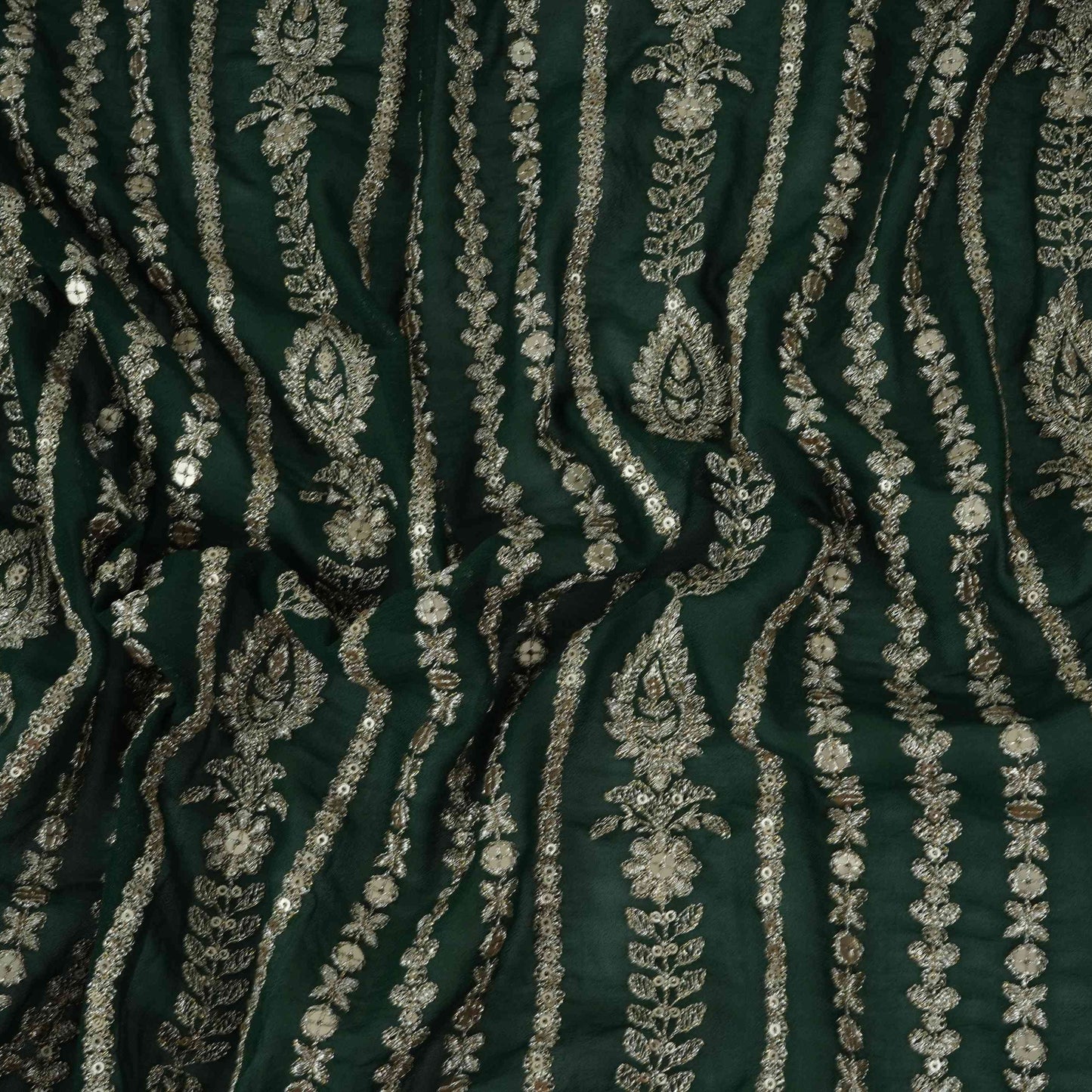 Bottle Green Zari Sequins Embroidery Georgette Fabric DR-32404