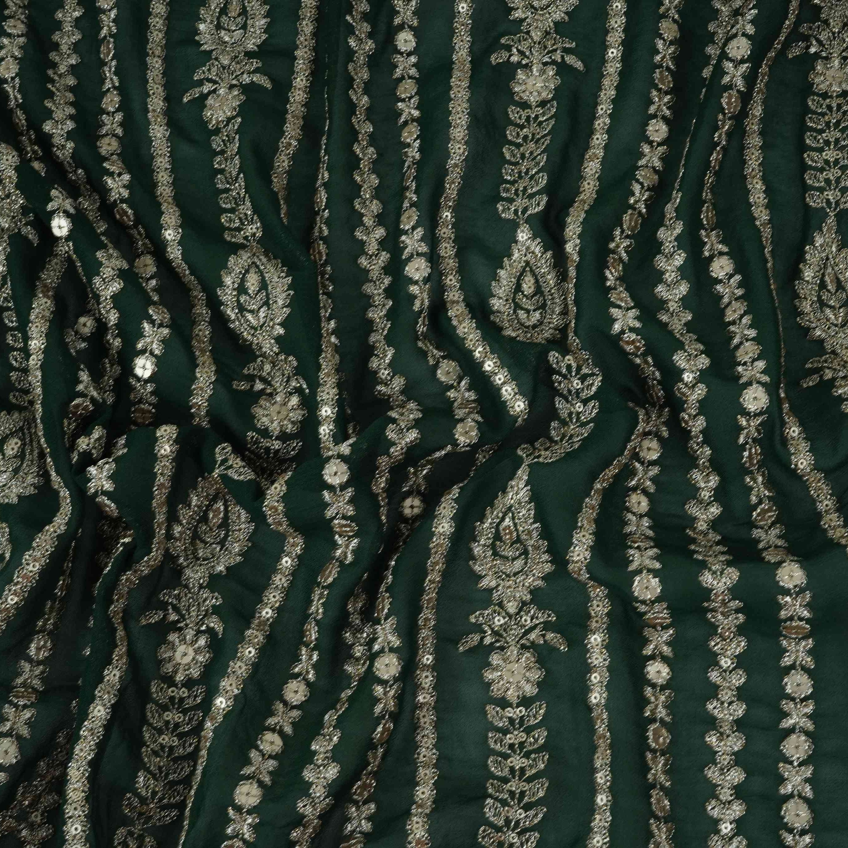 Bottle Green Zari Sequins Embroidery Georgette Fabric DR-32404 - TradeUNO