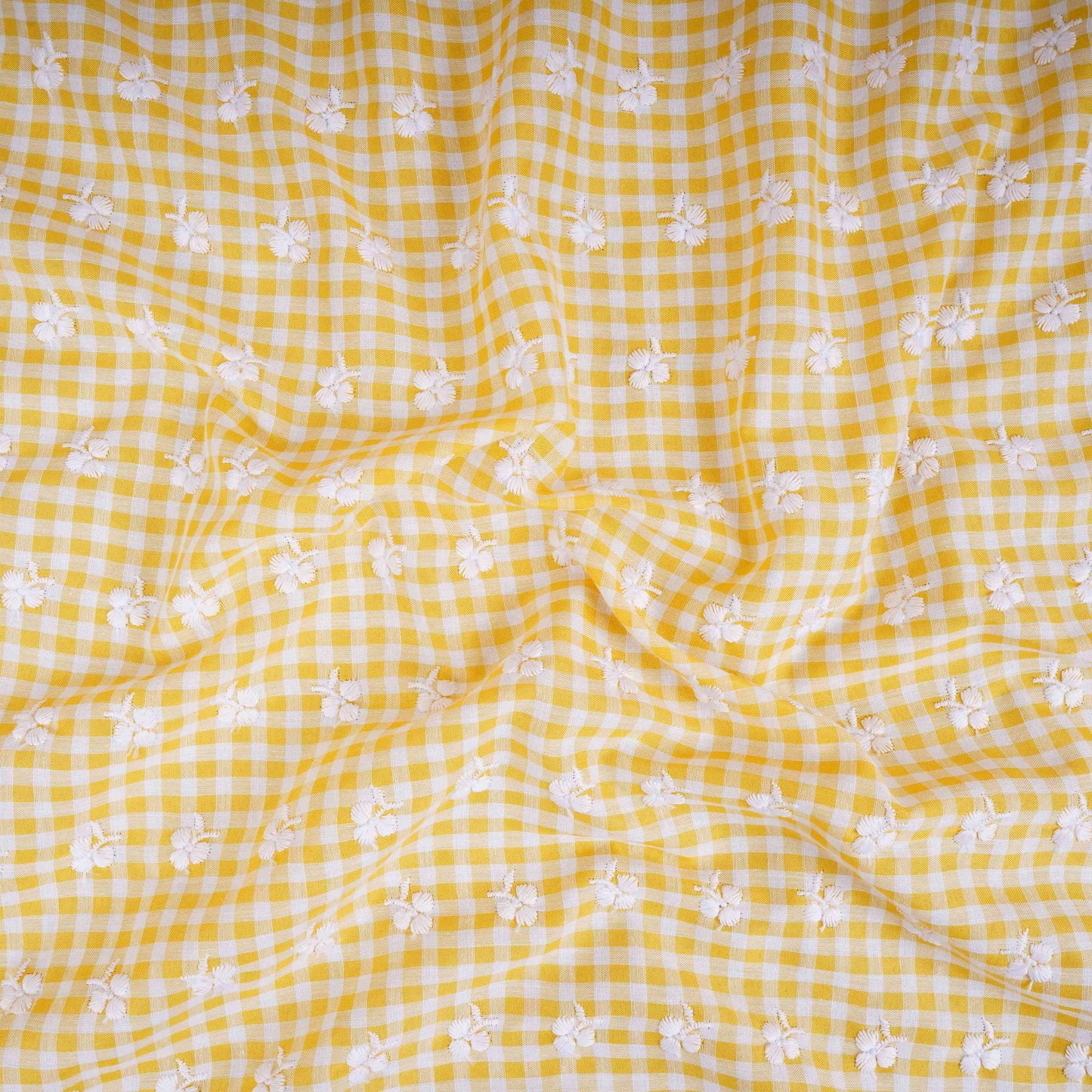 Yellow & White Check Floral Embroidery Cotton Fabric MJF-30612