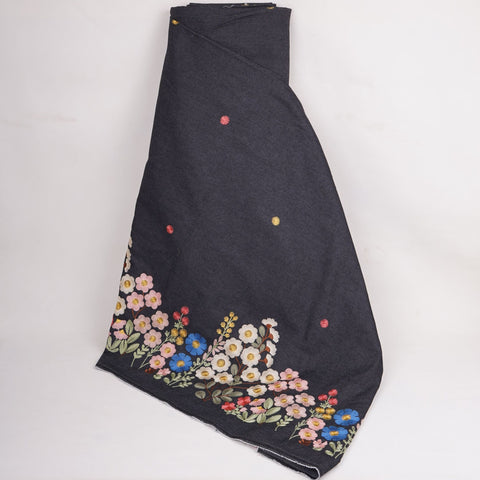 Black With Multicolor Floral Thread Emboidery Denim Fabric GPF-32328