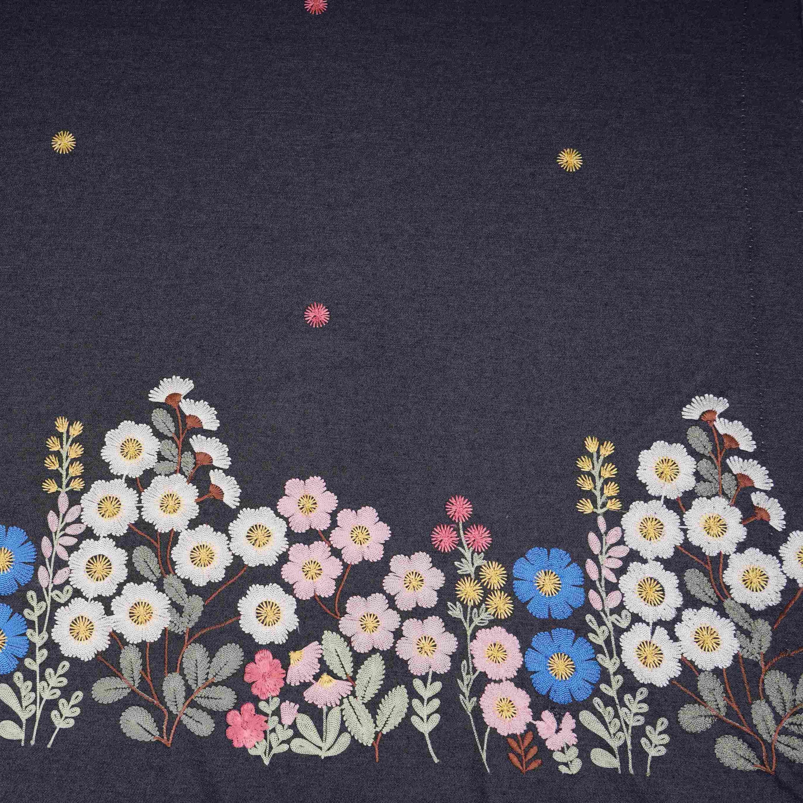 Black With Multicolor Floral Thread Emboidery Denim Fabric GPF-32328 - TradeUNO