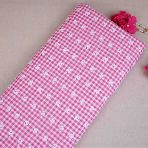 Pink & White Check Floral Embroidery Cotton Fabric MJF-30618