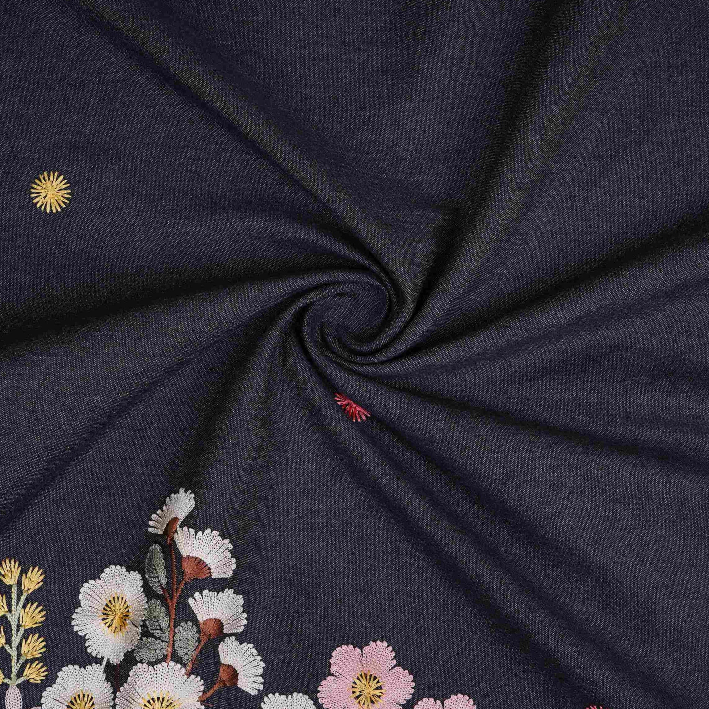 Black With Multicolor Floral Thread Emboidery Denim Fabric GPF-32328 - TradeUNO