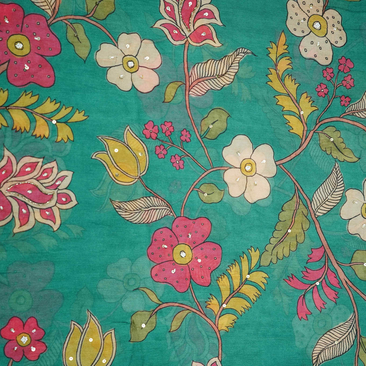 Teal Green Floral Beads Work Chinnon Fabric VVF-35356