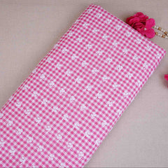 Pink & White Check Floral Embroidery Cotton Fabric MJF-30618