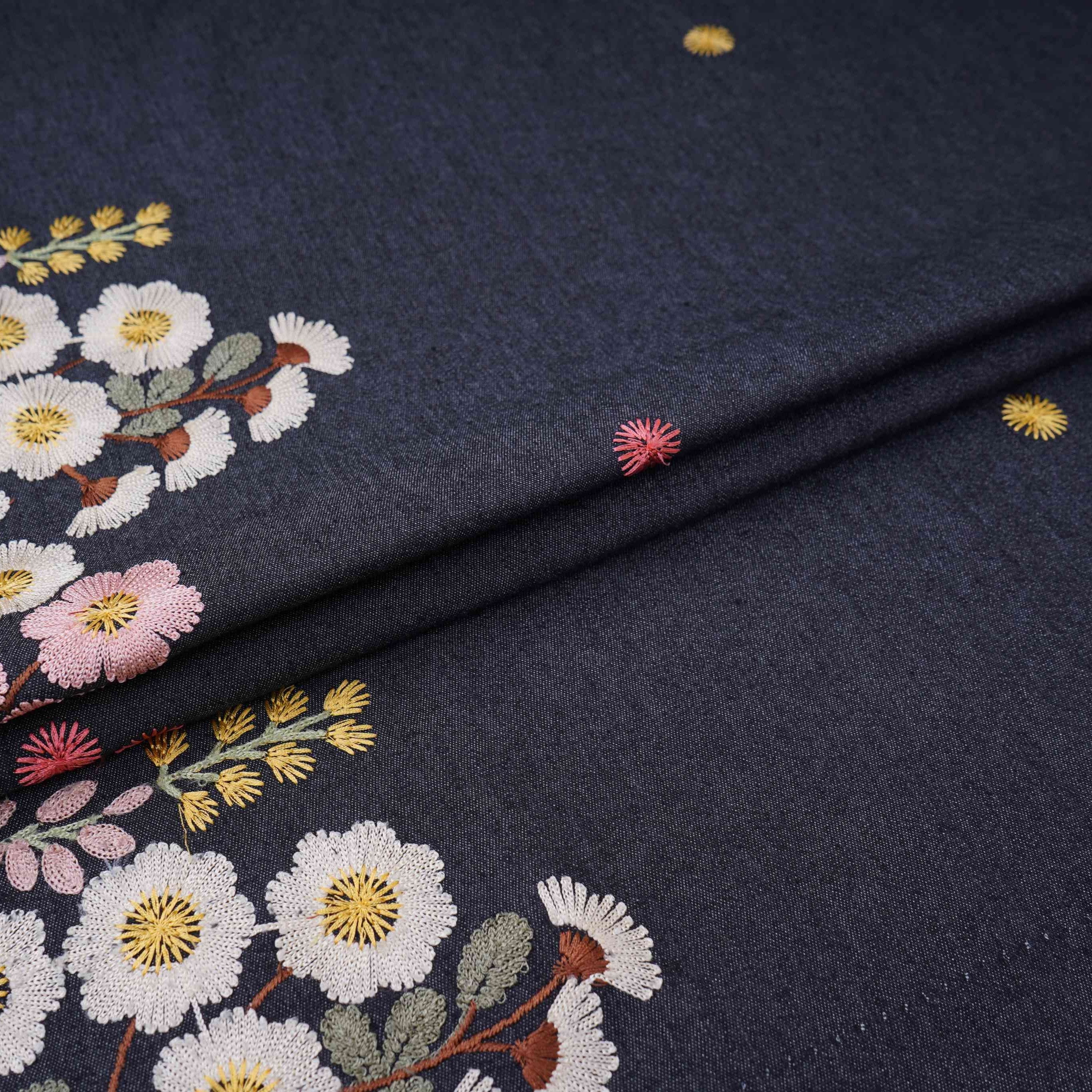 Black With Multicolor Floral Thread Emboidery Denim Fabric GPF-32328 - TradeUNO