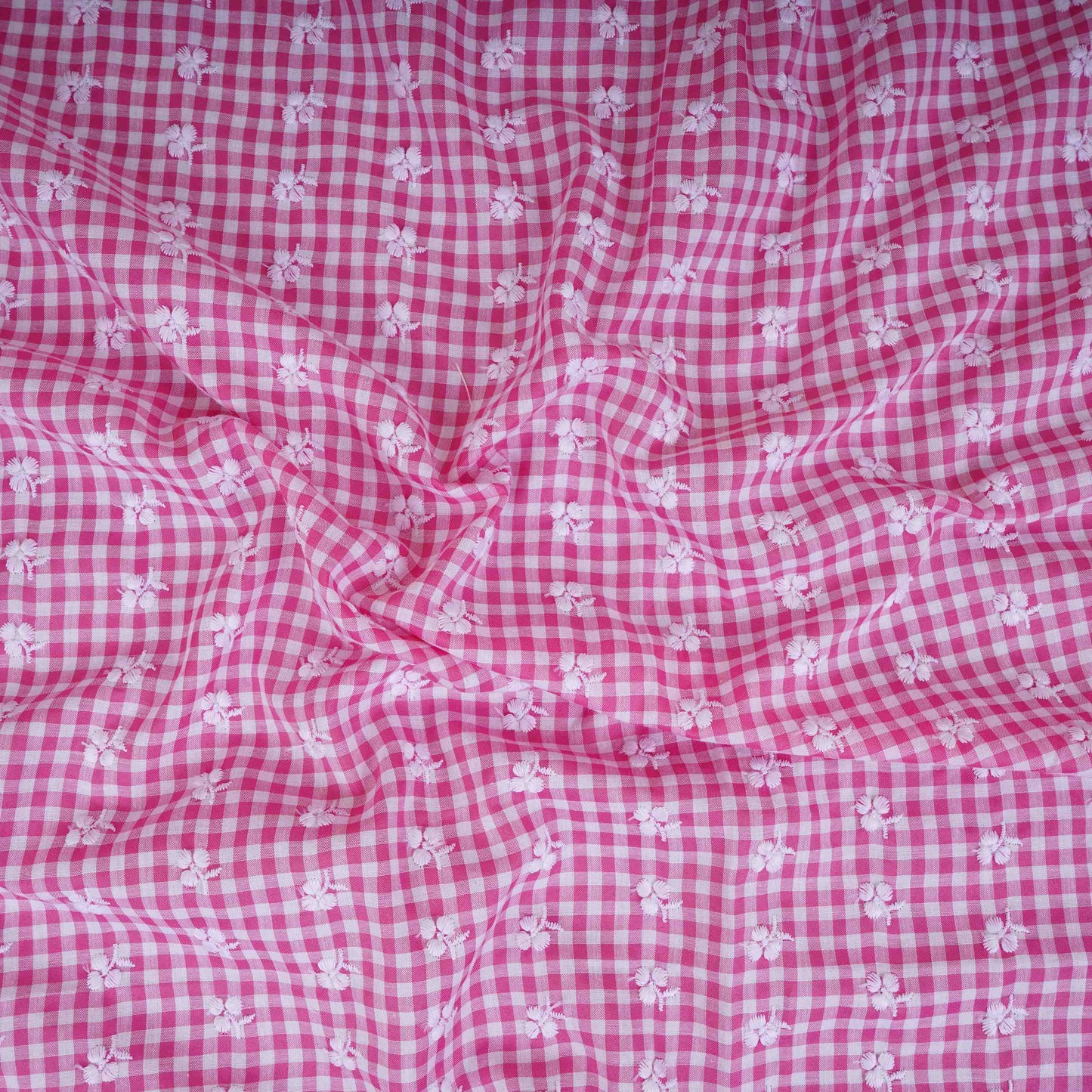 Pink & White Check Floral Embroidery Cotton Fabric MJF-30618