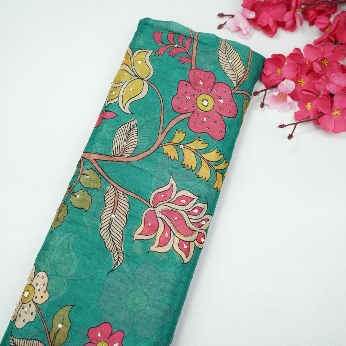 Teal Green Floral Beads Work Chinnon Fabric VVF-35356