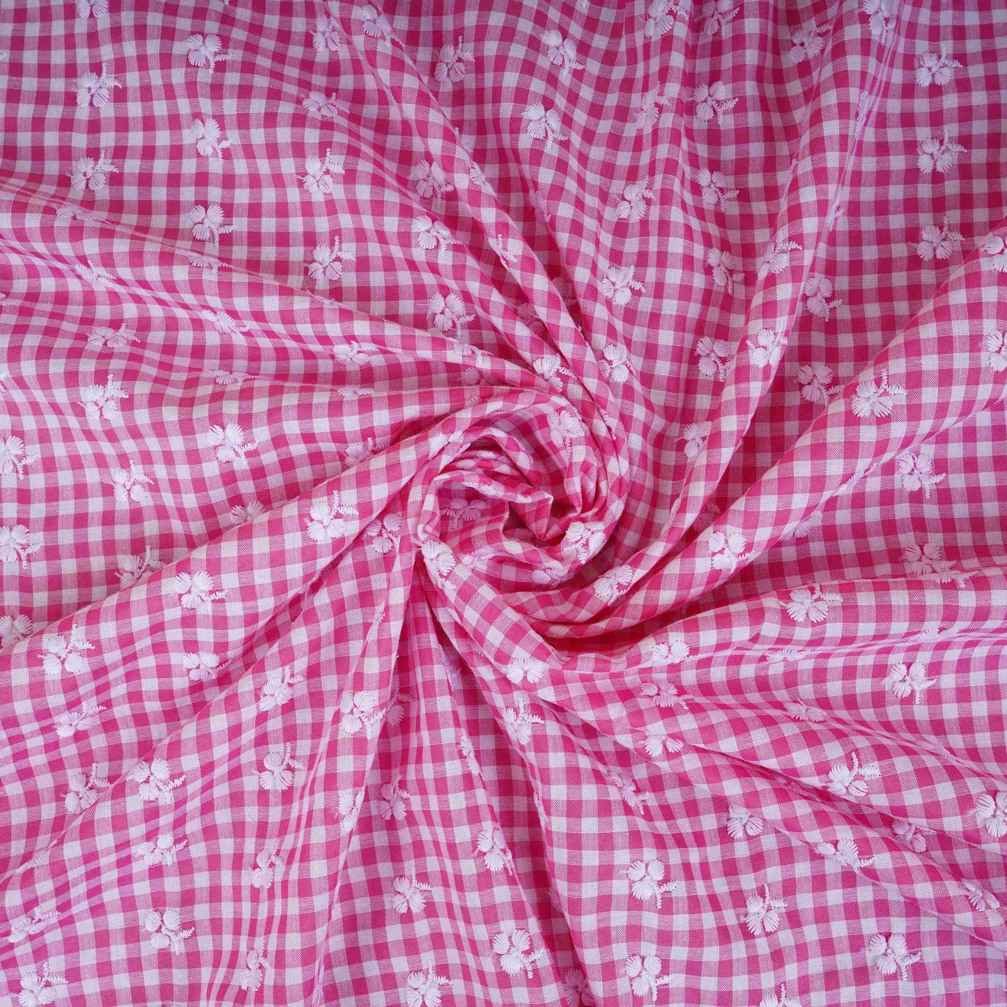 Pink & White Check Floral Embroidery Cotton Fabric MJF-30618