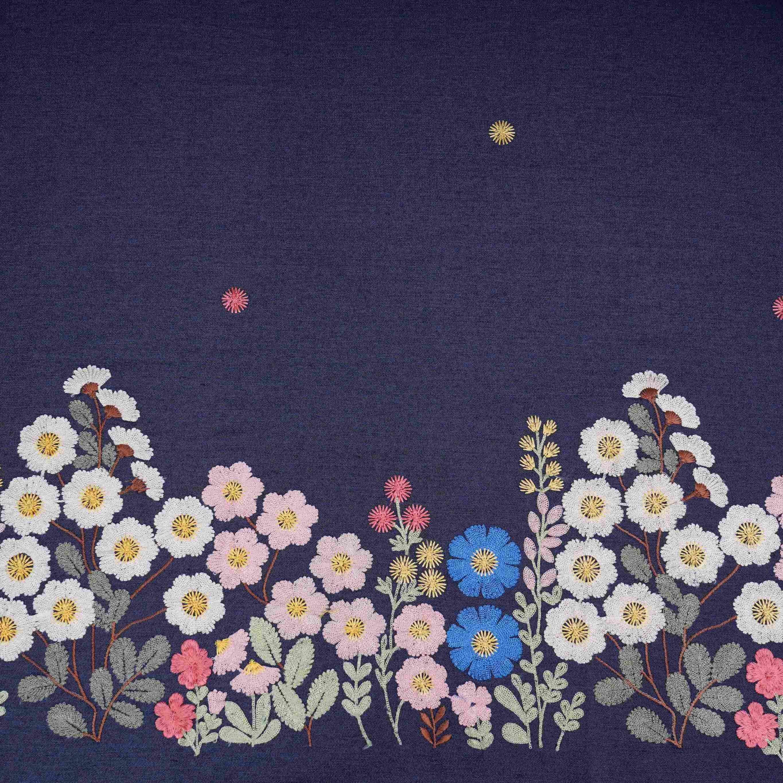 Denim Blue Floral Thread Embroidery Denim Fabric GPF-32331 - TradeUNO