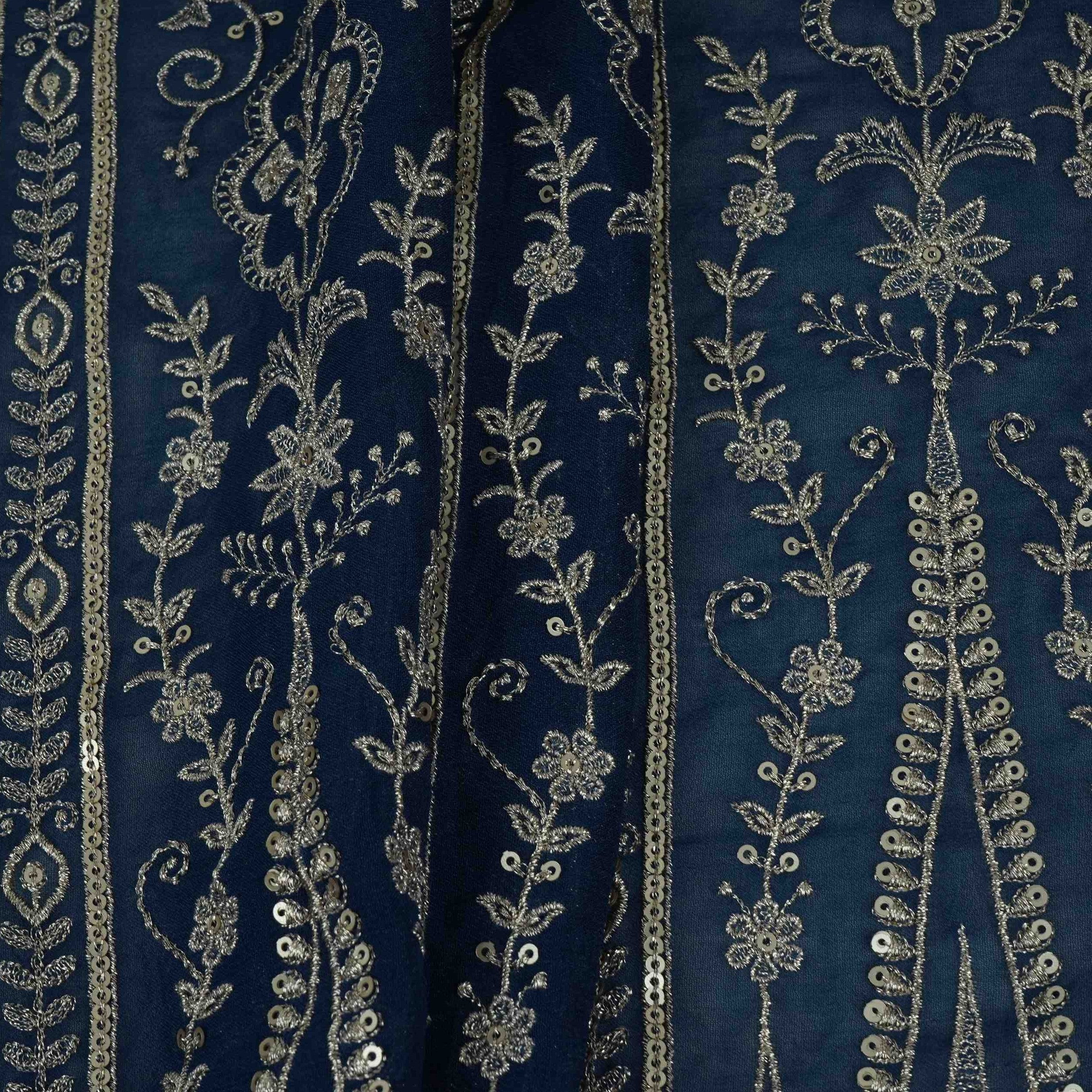 Blue Traditional Zari Embroidery Georgette Fabric DR-32407 - TradeUNO