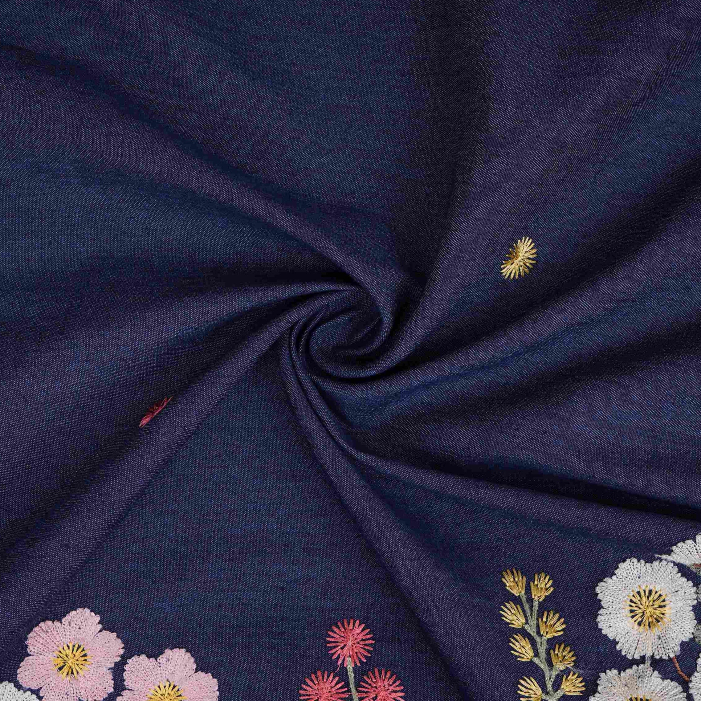Denim Blue Floral Thread Embroidery Denim Fabric GPF-32331 - TradeUNO
