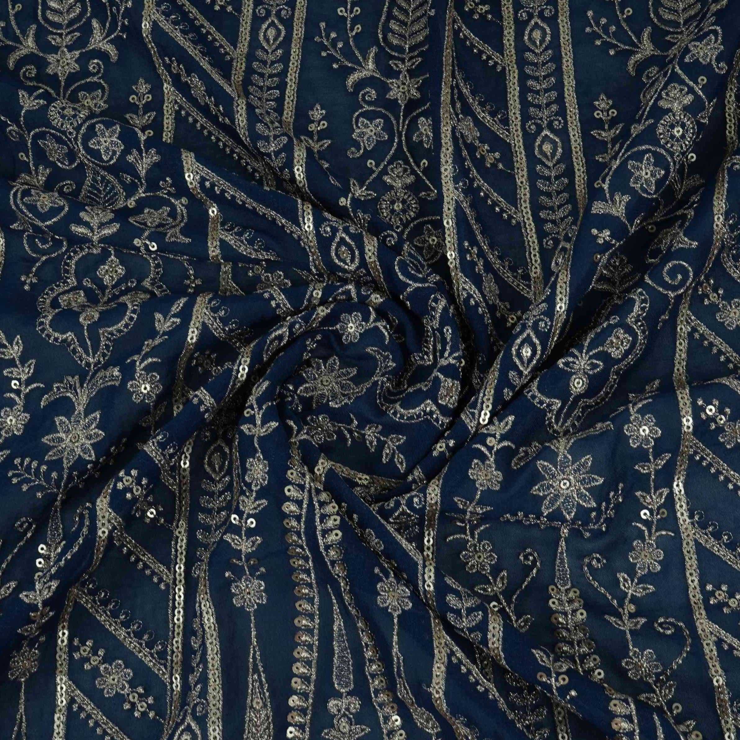 Blue Traditional Zari Embroidery Georgette Fabric DR-32407 - TradeUNO
