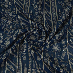 Blue Traditional Zari Embroidery Georgette Fabric DR-32407 - TradeUNO
