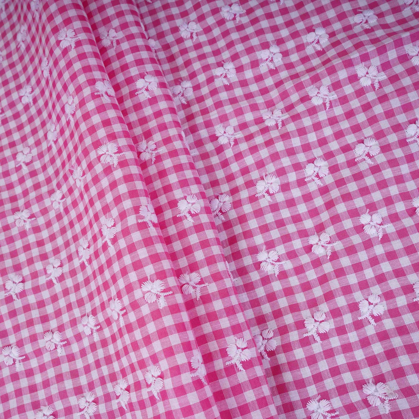 Pink & White Check Floral Embroidery Cotton Fabric MJF-30618