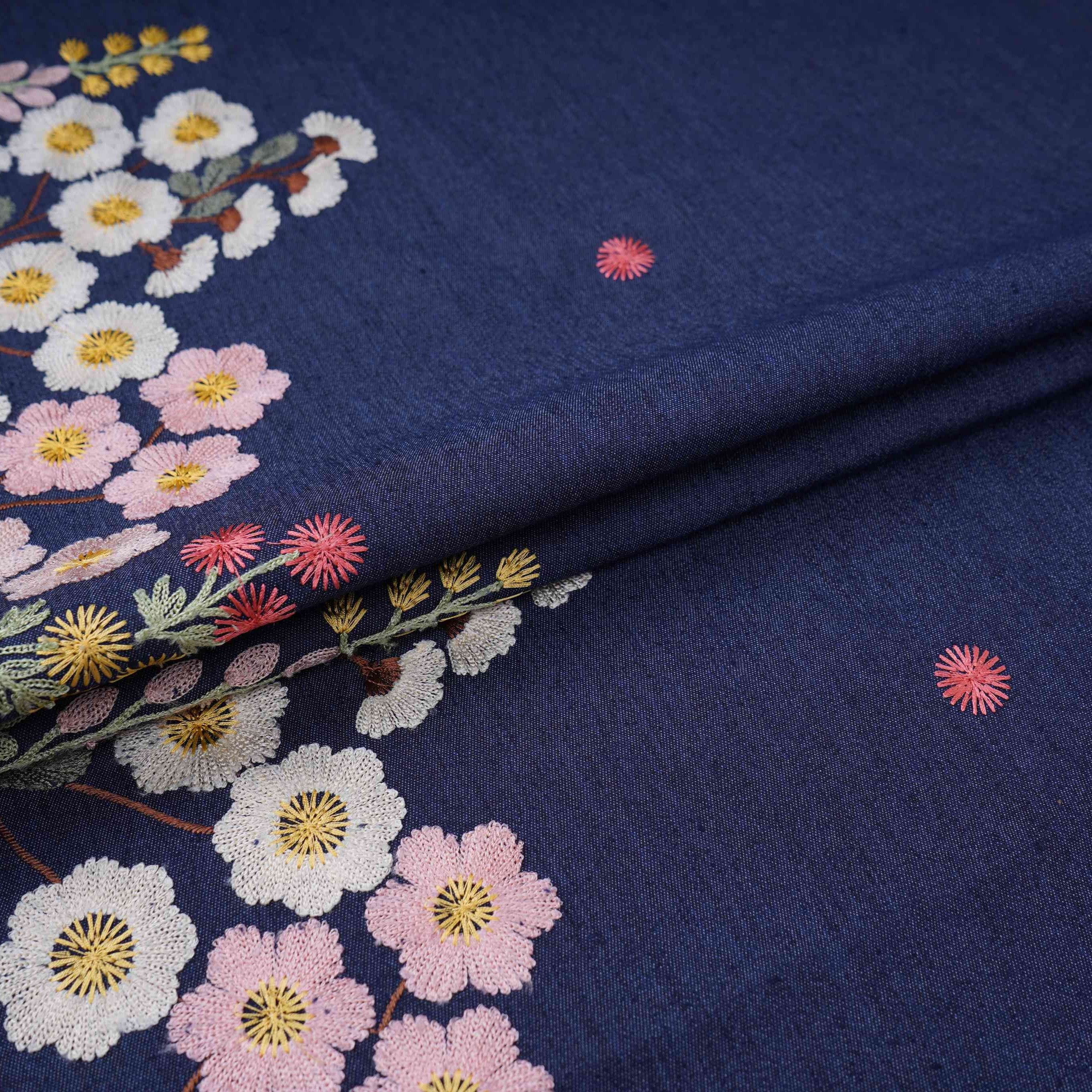 Denim Blue Floral Thread Embroidery Denim Fabric GPF-32331 - TradeUNO