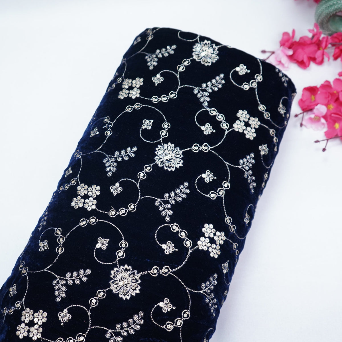 Blue Floral Embroidery Velvet Fabric GT-35405