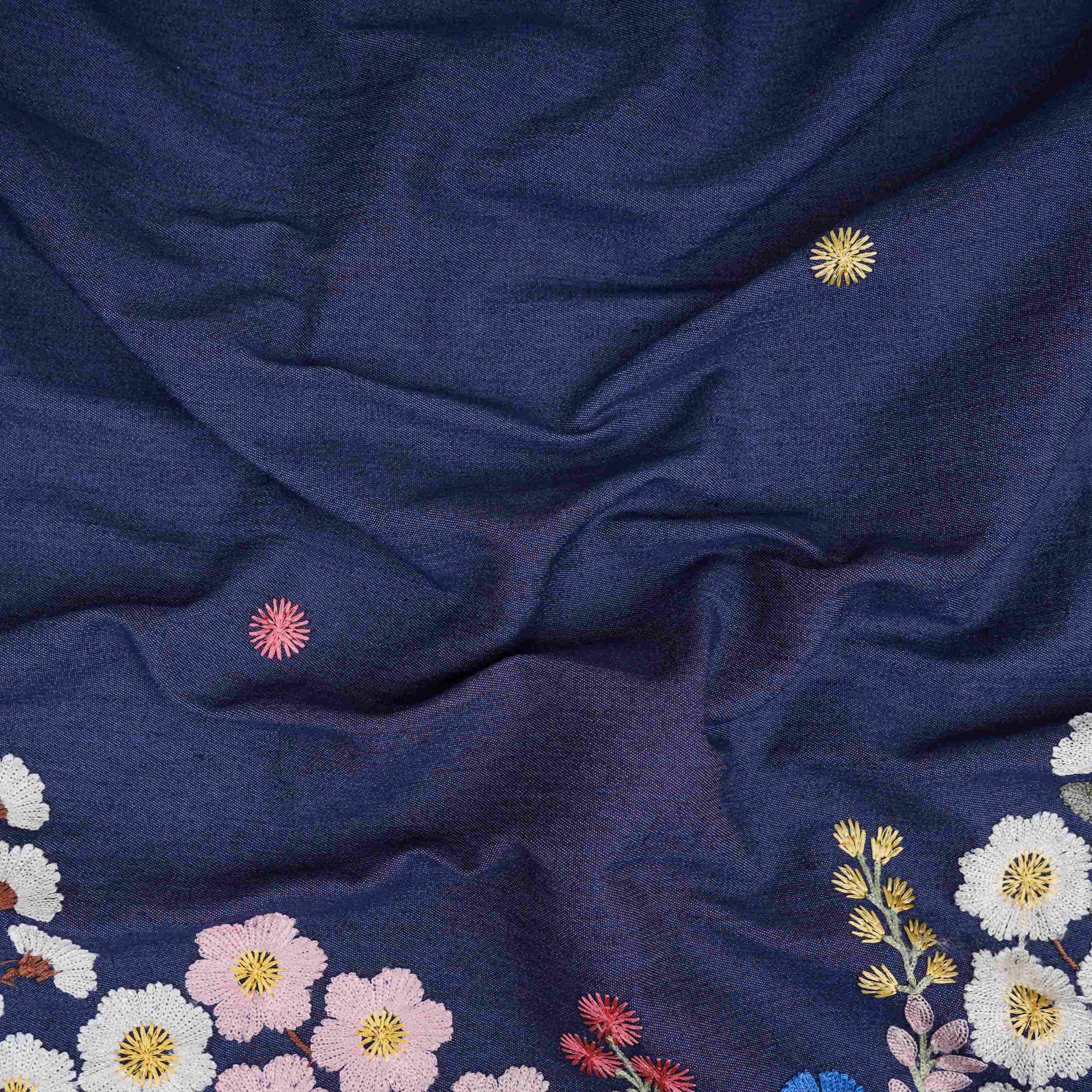 Denim Blue Floral Thread Embroidery Denim Fabric GPF-32331 - TradeUNO