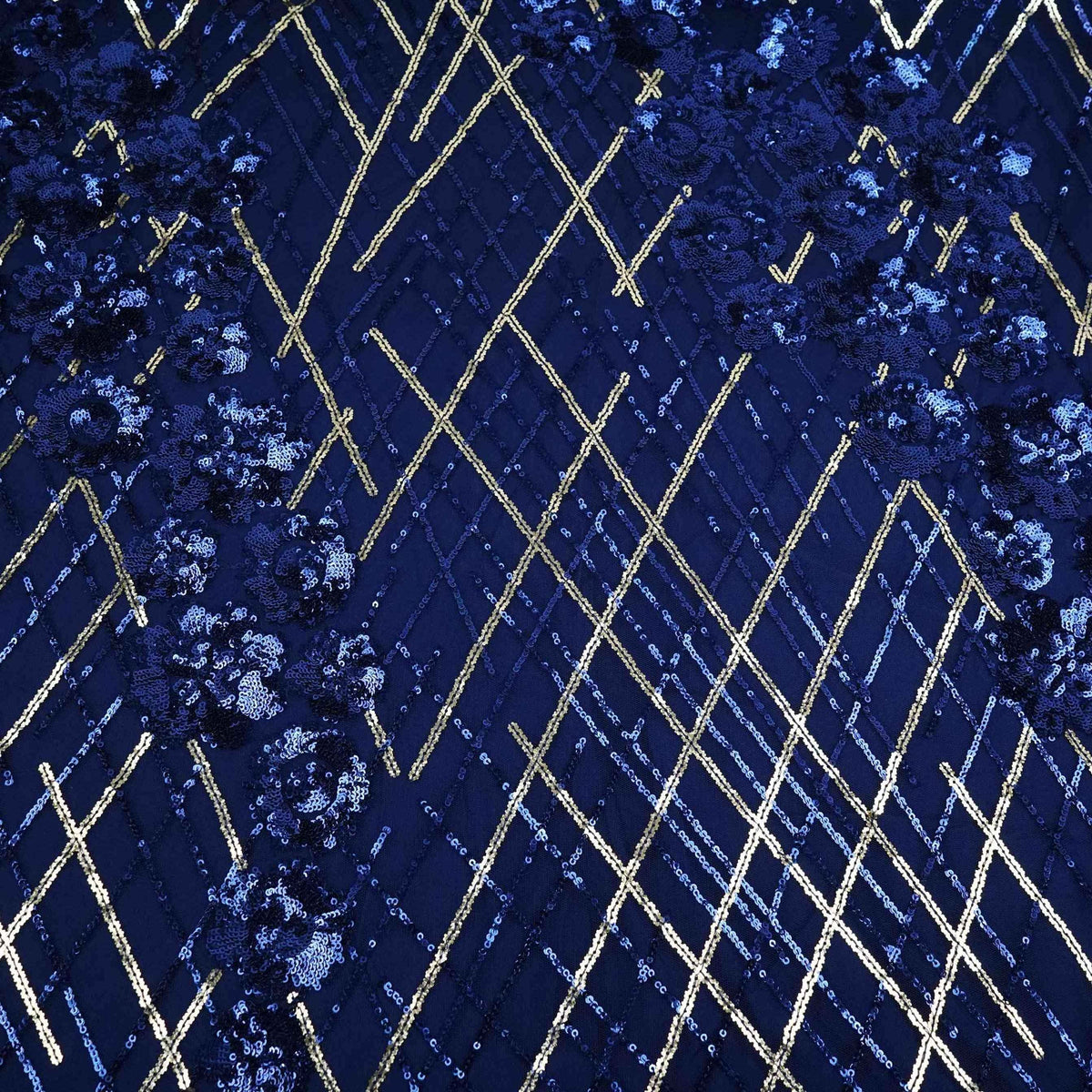 Navy Blue & Golden Sequins Embroidery Net Fabric TF-34332