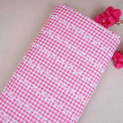 Pink & White Check Floral Stripes Embroidery Cotton Fabric MJF-30619
