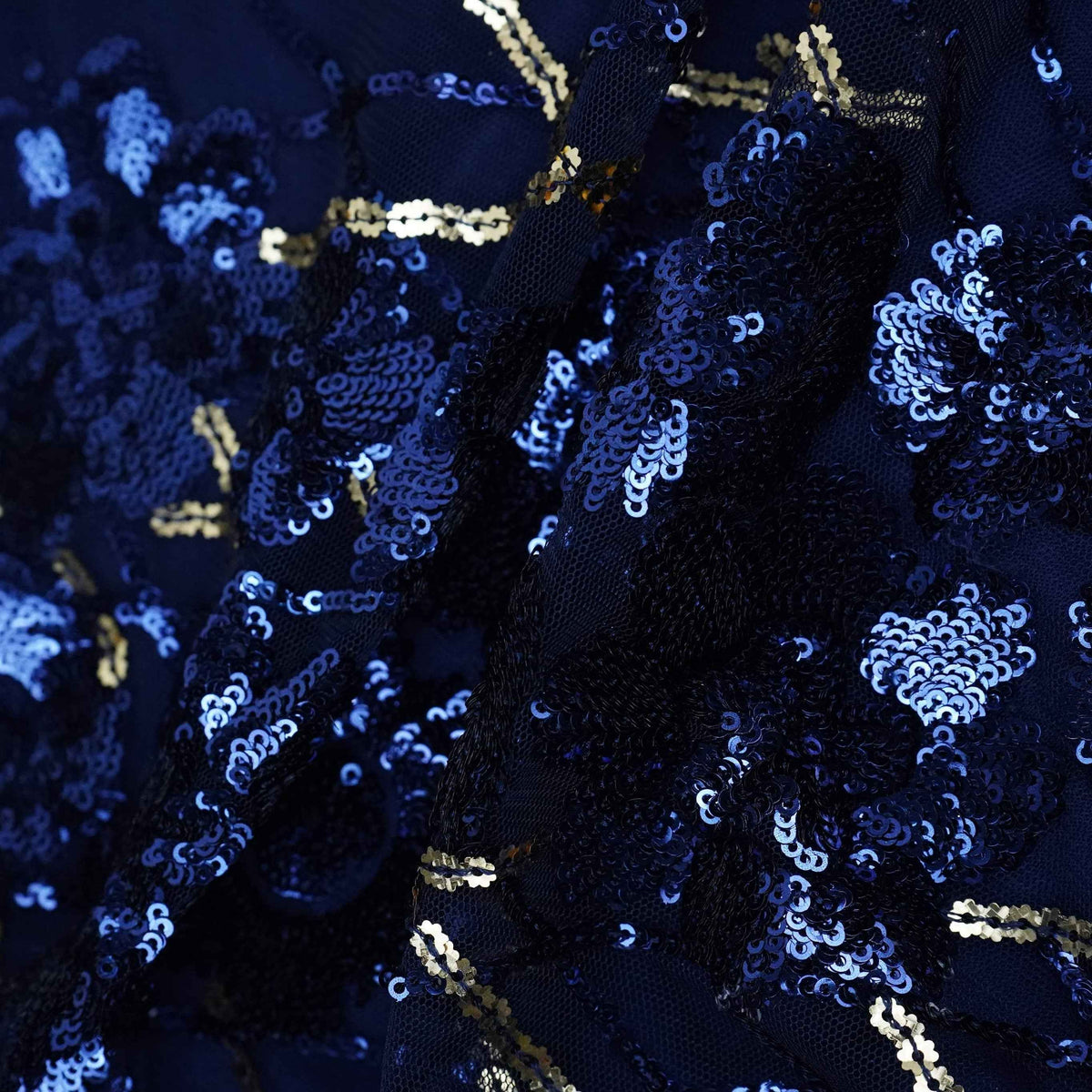 Navy Blue & Golden Sequins Embroidery Net Fabric TF-34332