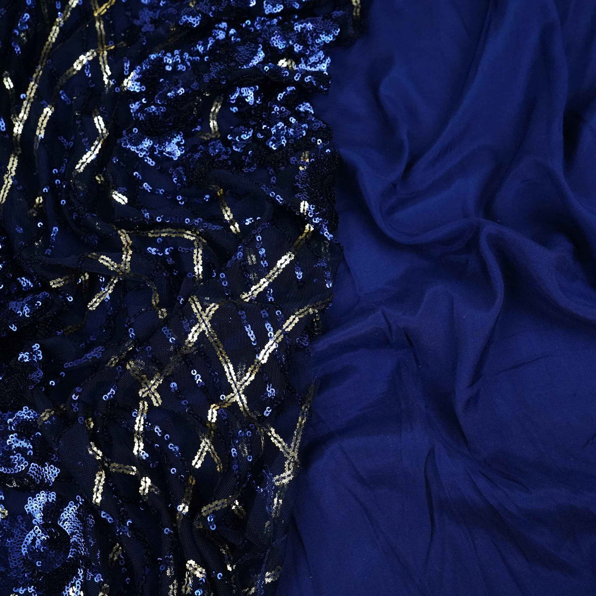 Navy Blue & Golden Sequins Embroidery Net Fabric TF-34332