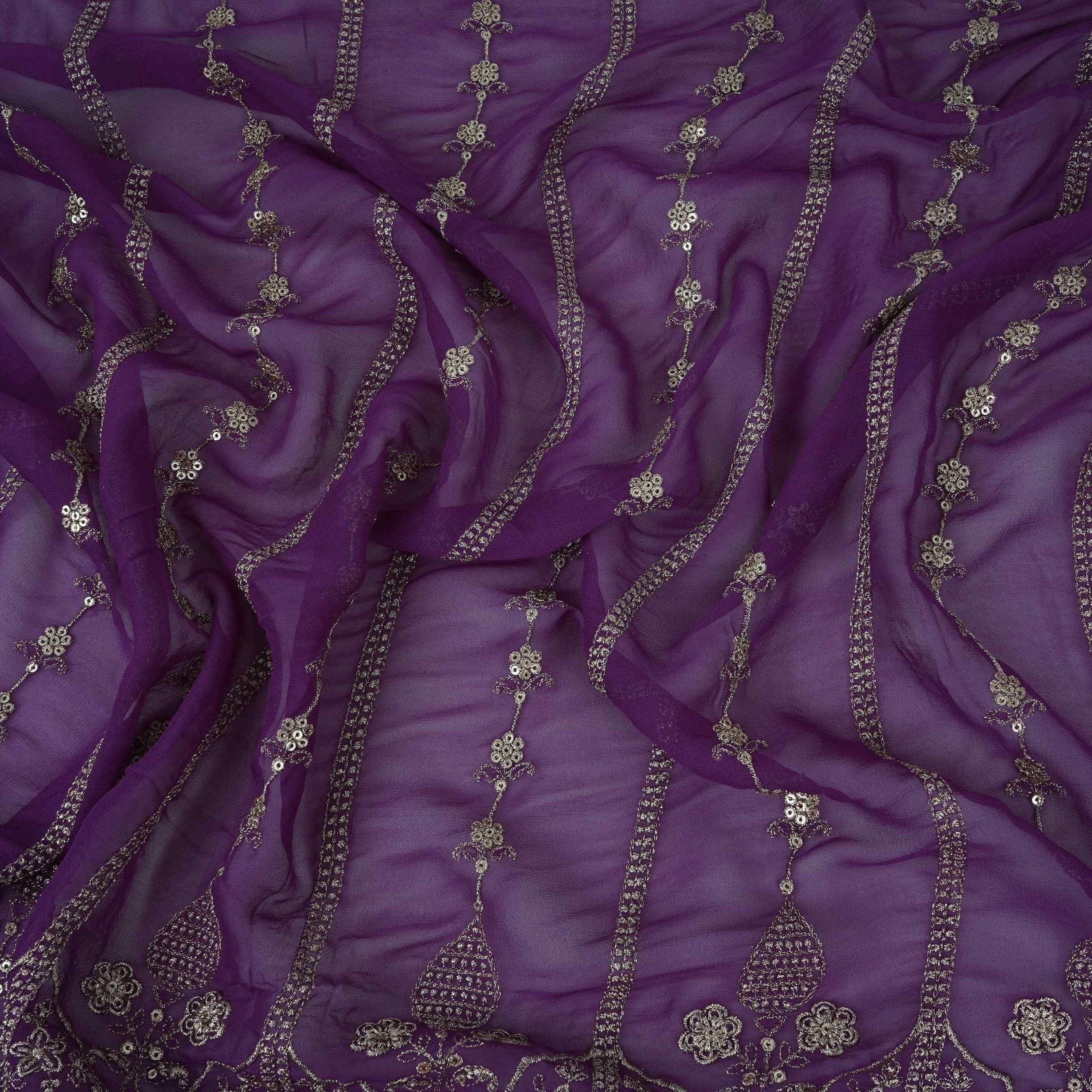 Purple Heavy Zari Sequins Embroidery Georgette Fabric DR-32388 - TradeUNO
