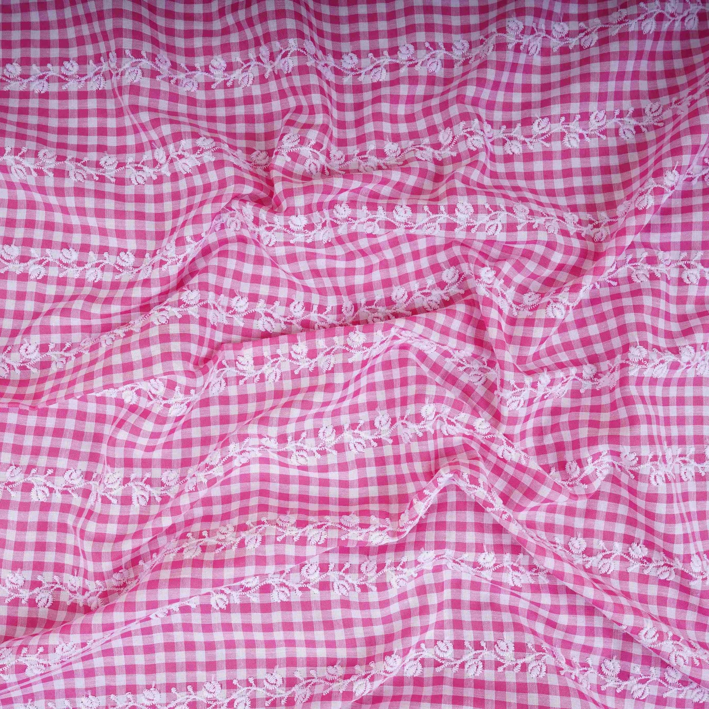 Pink & White Check Floral Stripes Embroidery Cotton Fabric MJF-30619