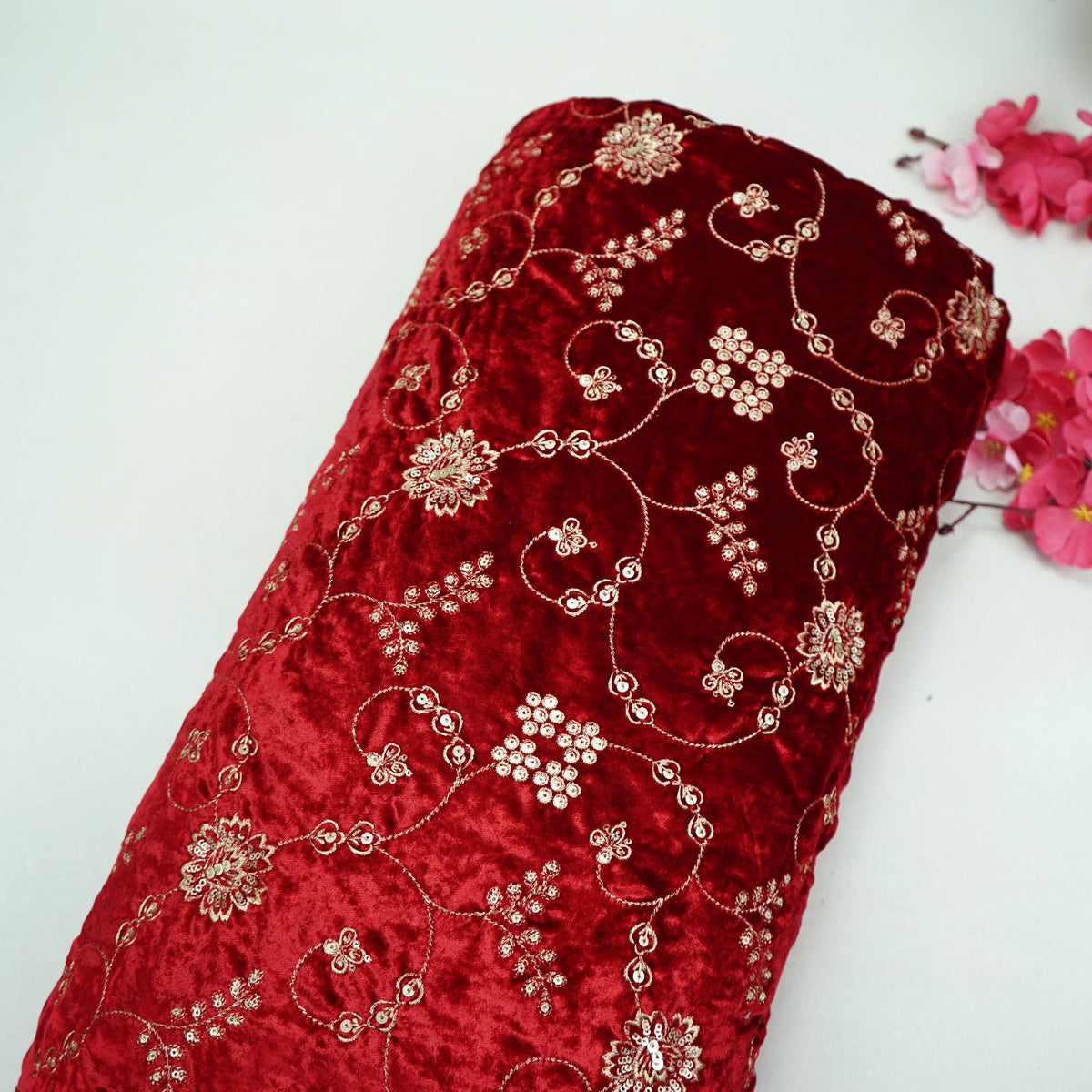 Red Floral Embroidery Velvet Fabric GT-35403