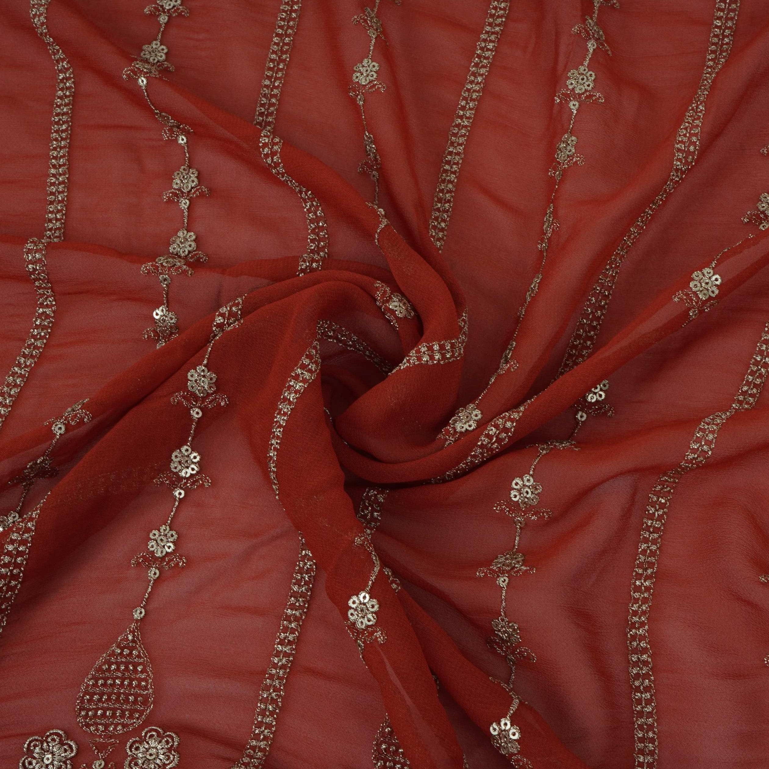 Rust Orange Heavy Zari Sequins Embroidery Georgette Fabric DR-32389 - TradeUNO
