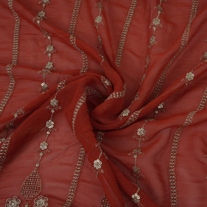 Rust Orange Heavy Zari Sequins Embroidery Georgette Fabric DR-32389 - TradeUNO