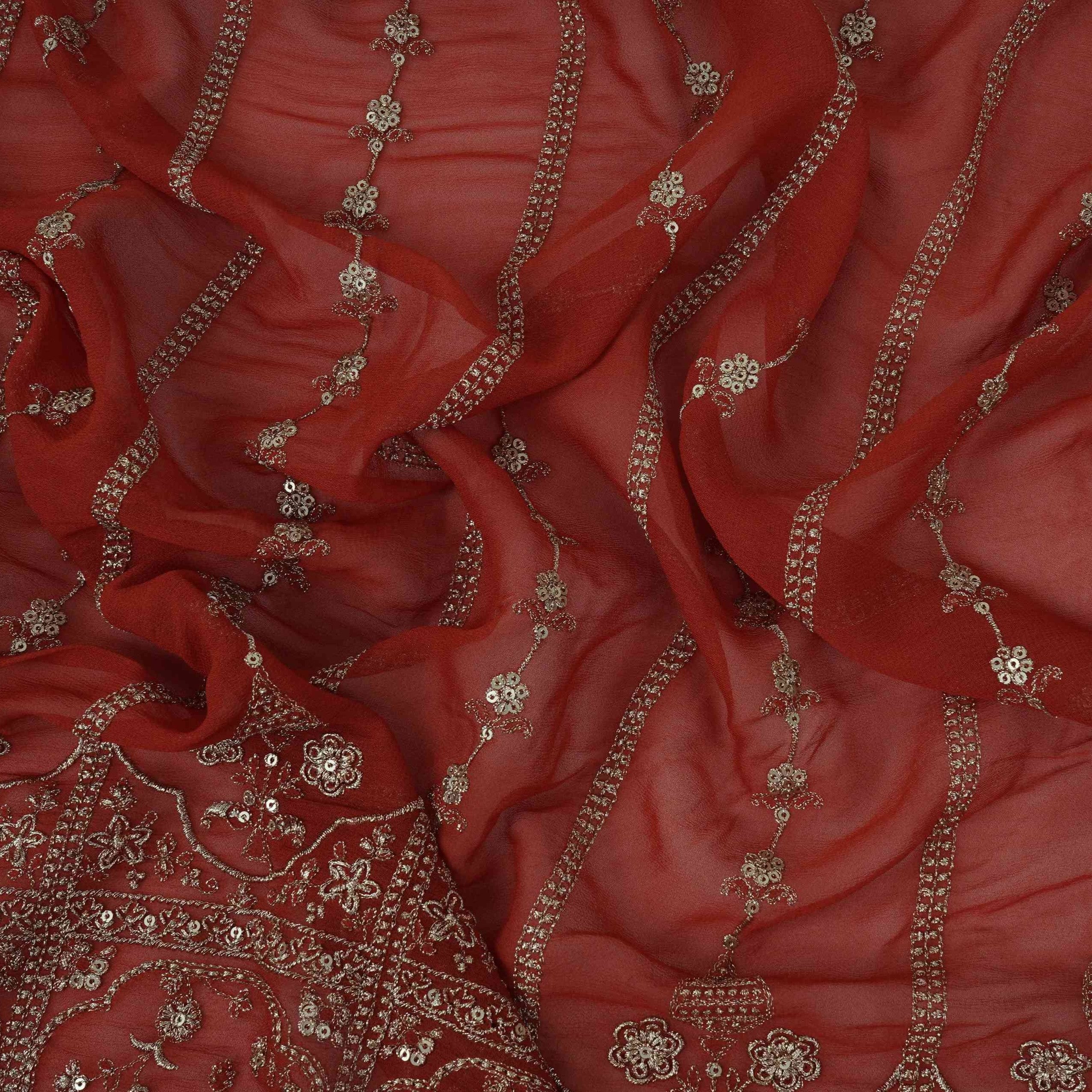 Rust Orange Heavy Zari Sequins Embroidery Georgette Fabric DR-32389 - TradeUNO
