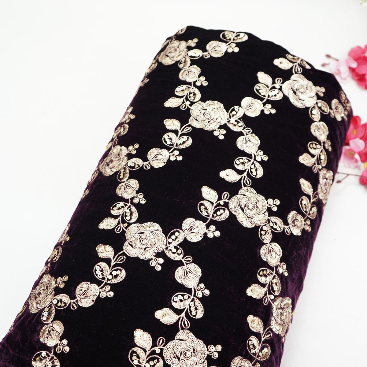 Purple Floral Embroidery Velvet Fabric GT-35402