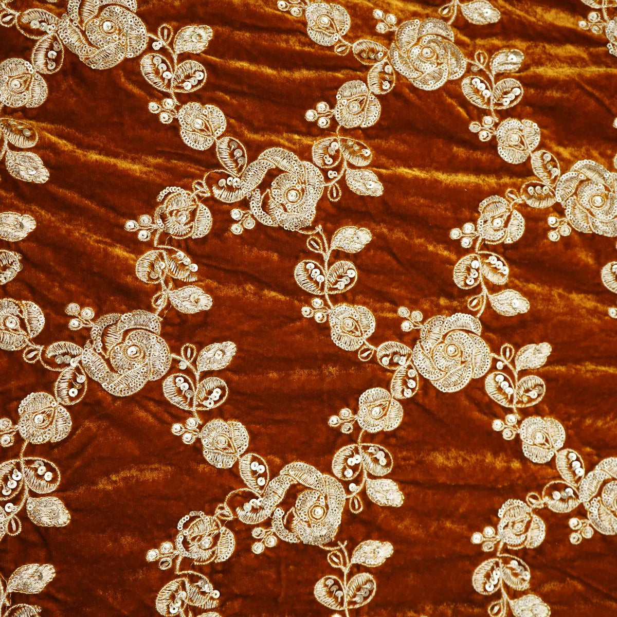 Mustard Yellow Floral Embroidery Velvet Fabric GT-35400
