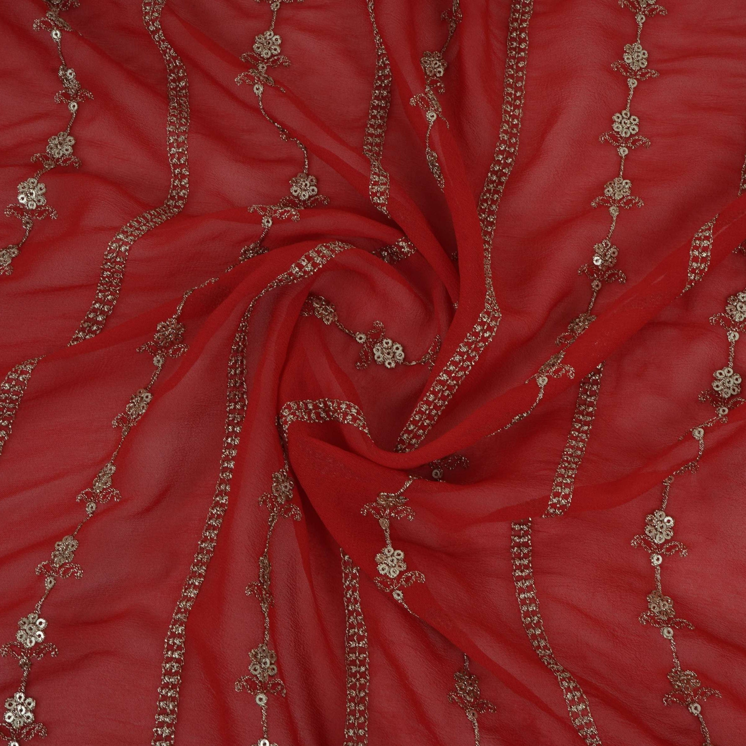 Red Heavy Zari Sequins Embroidery Georgette Fabric DR-32387 - TradeUNO
