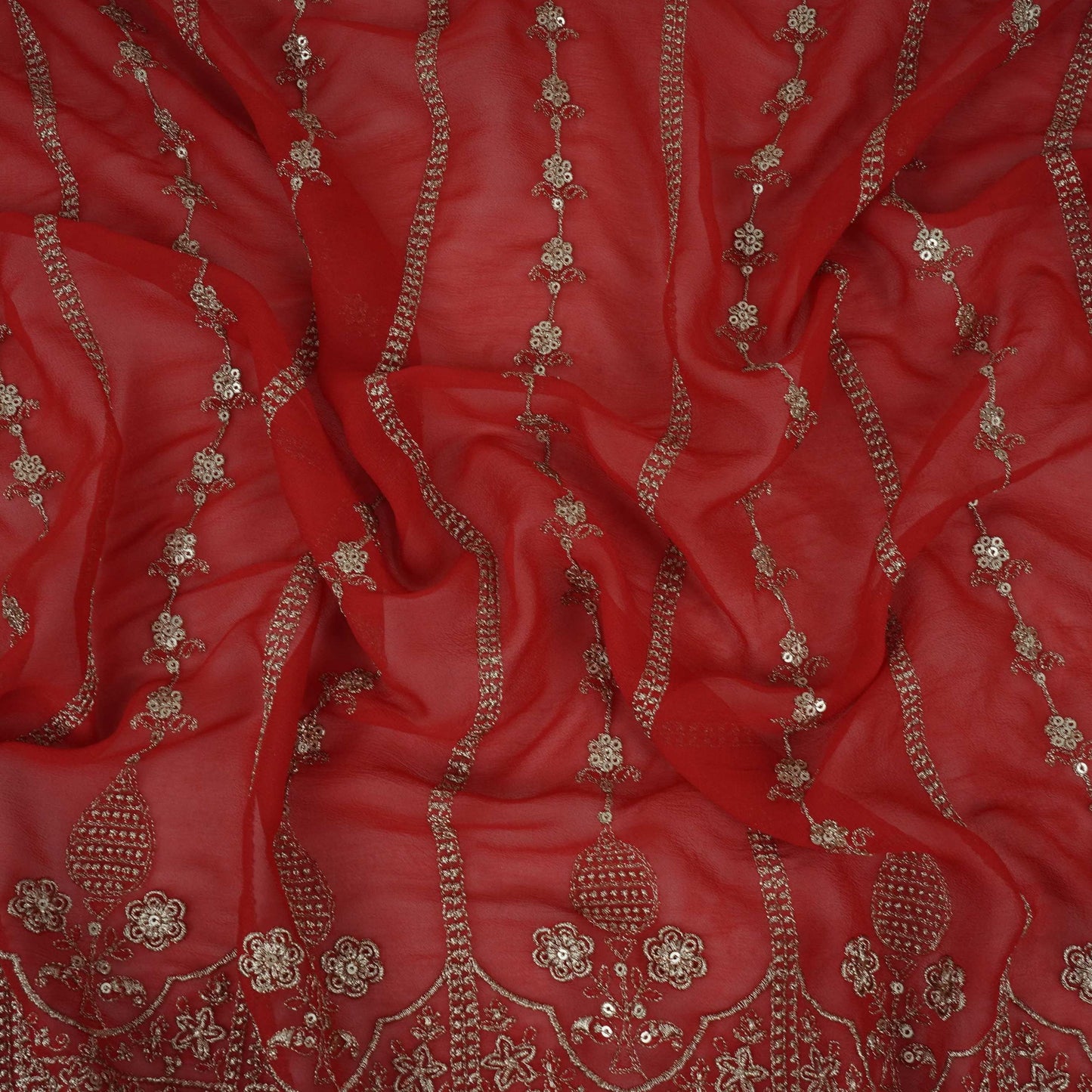 Red Heavy Zari Sequins Embroidery Georgette Fabric DR-32387