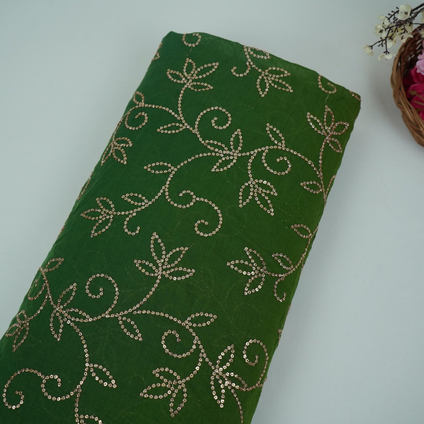 Bottle Green 4D Sequins embroidery Mul Chanderi Fabric VF-32077