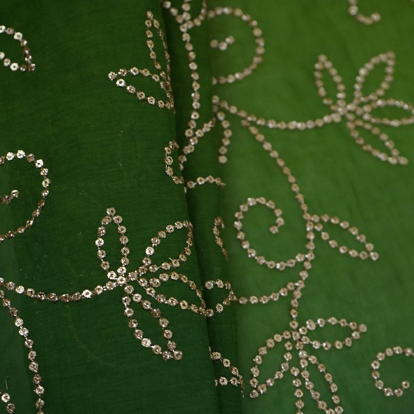 Bottle Green 4D Sequins embroidery Mul Chanderi Fabric VF-32077