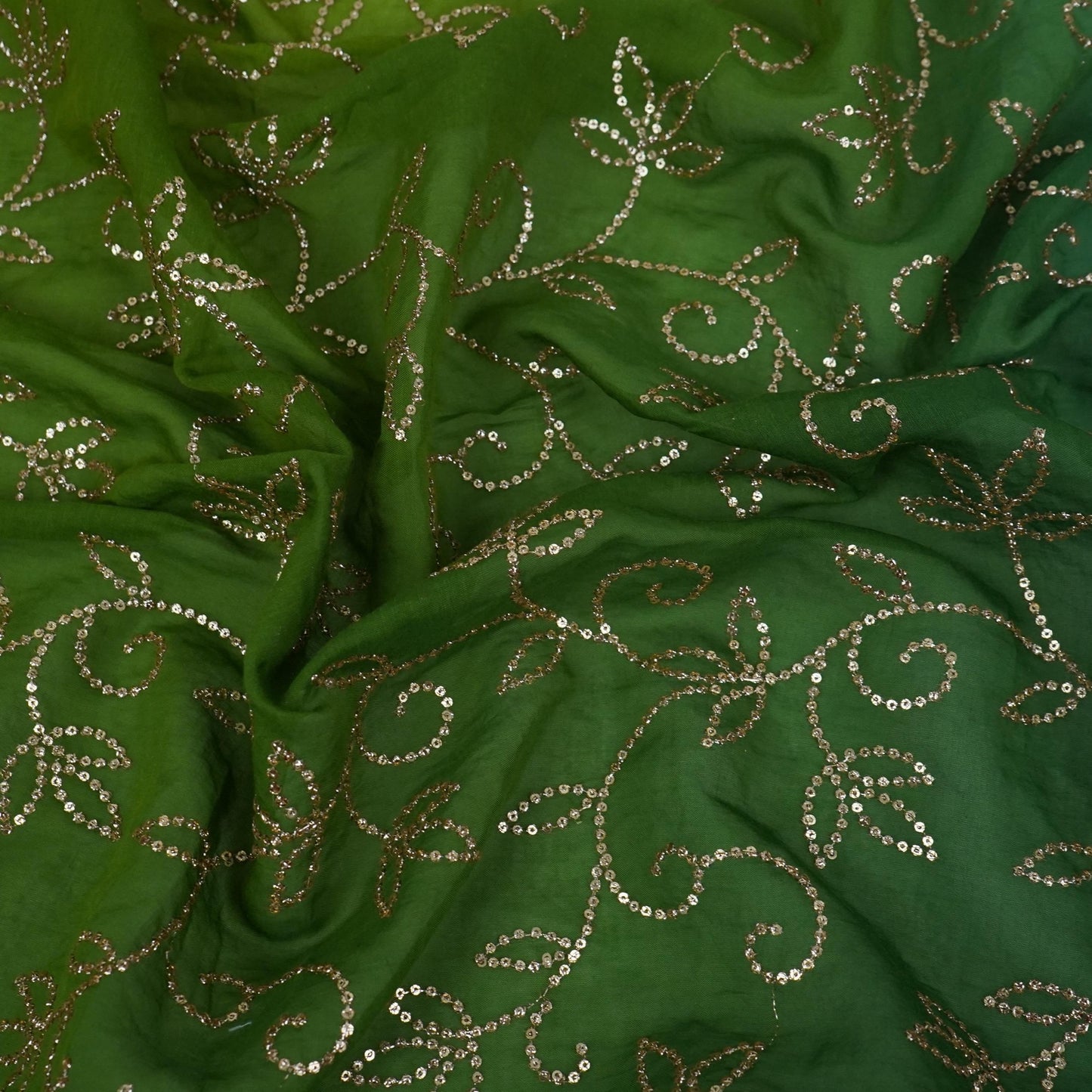 Bottle Green 4D Sequins embroidery Mul Chanderi Fabric VF-32077