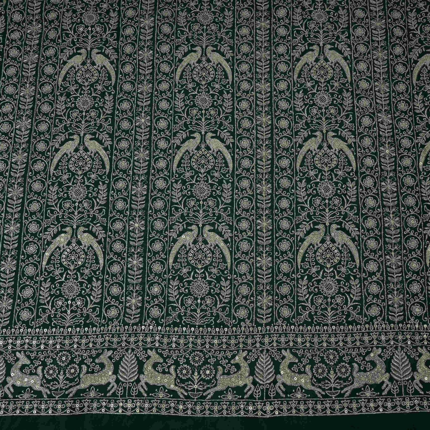 Bottle Green Heavy Zari Sequins Embroidery Chinon Fabric DR-32400