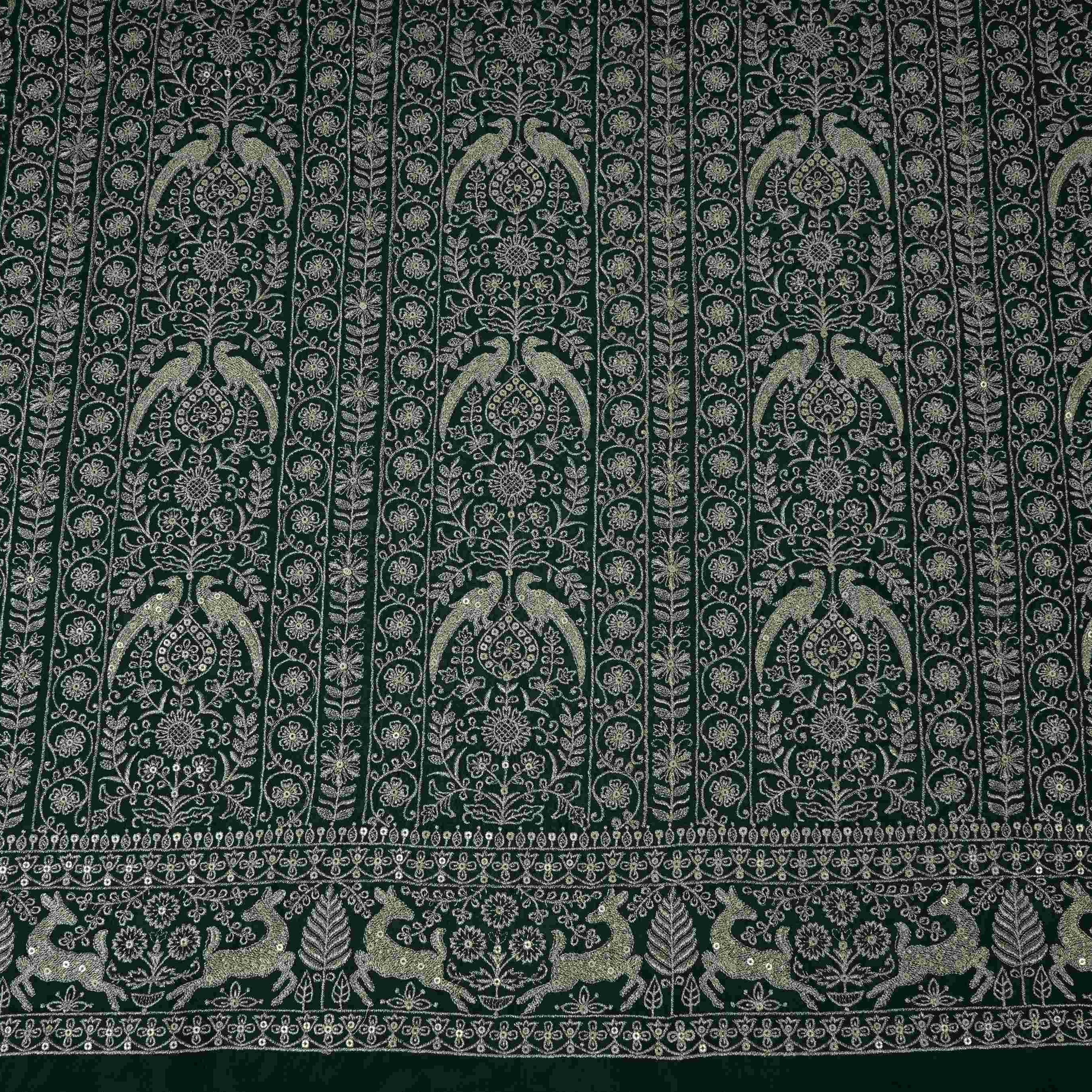 Bottle Green Heavy Zari Sequins Embroidery Chinon Fabric DR-32400 - TradeUNO