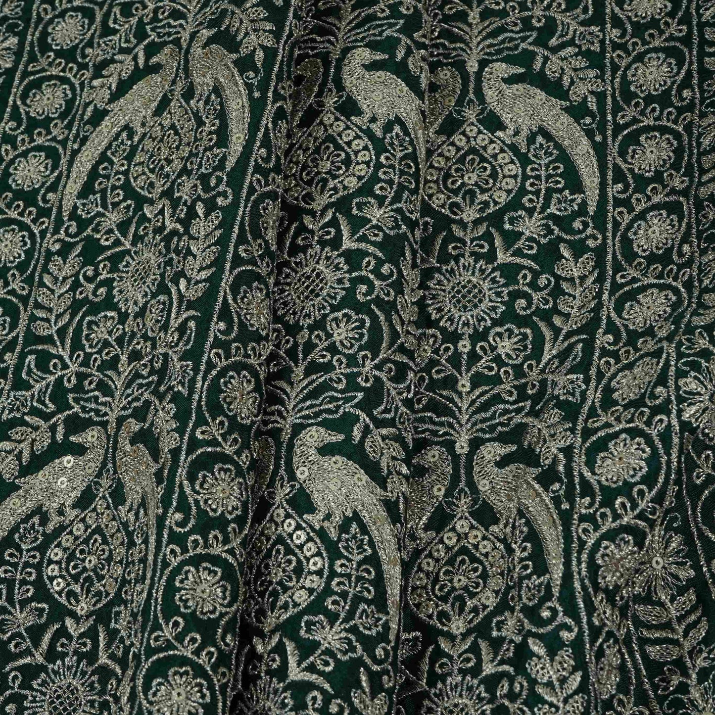 Bottle Green Heavy Zari Sequins Embroidery Chinon Fabric DR-32400