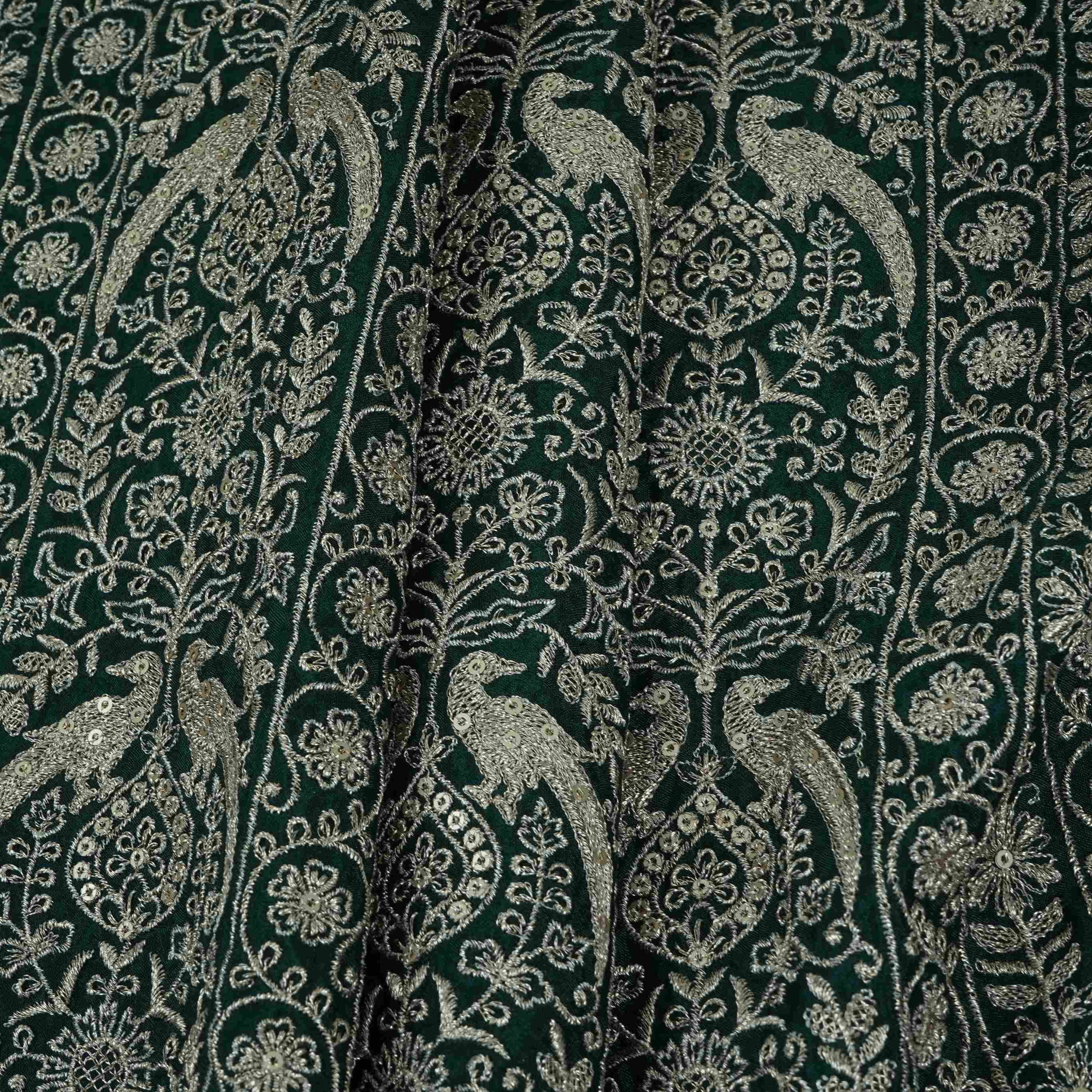 Bottle Green Heavy Zari Sequins Embroidery Chinon Fabric DR-32400 - TradeUNO