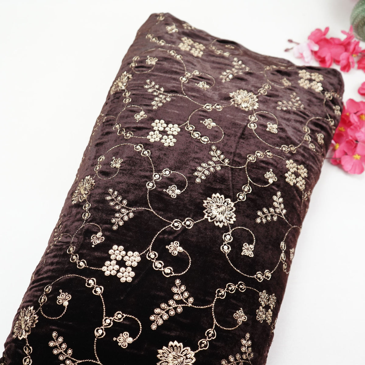 Brown Floral Embroidery Velvet Fabric GT-35404