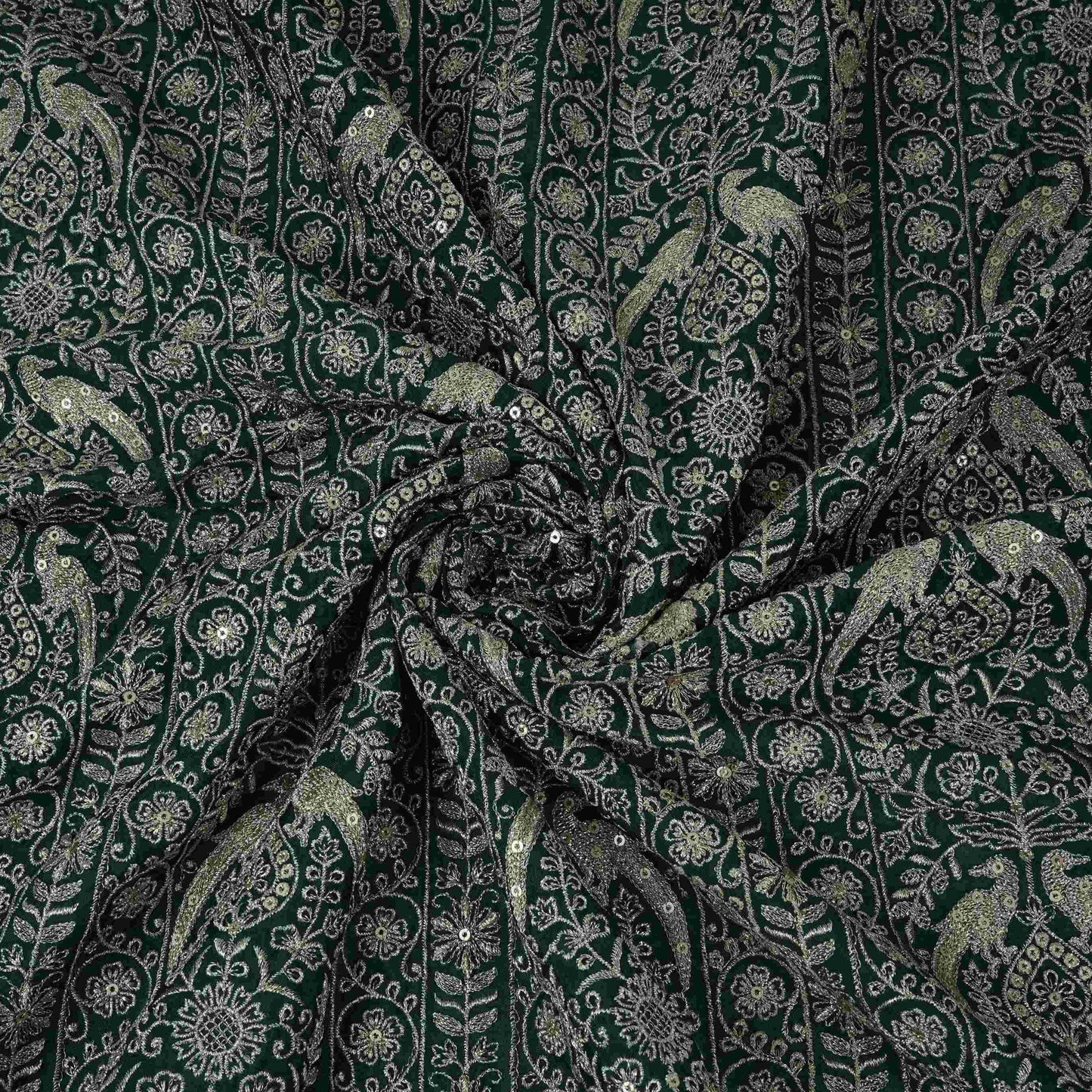 Bottle Green Heavy Zari Sequins Embroidery Chinon Fabric DR-32400
