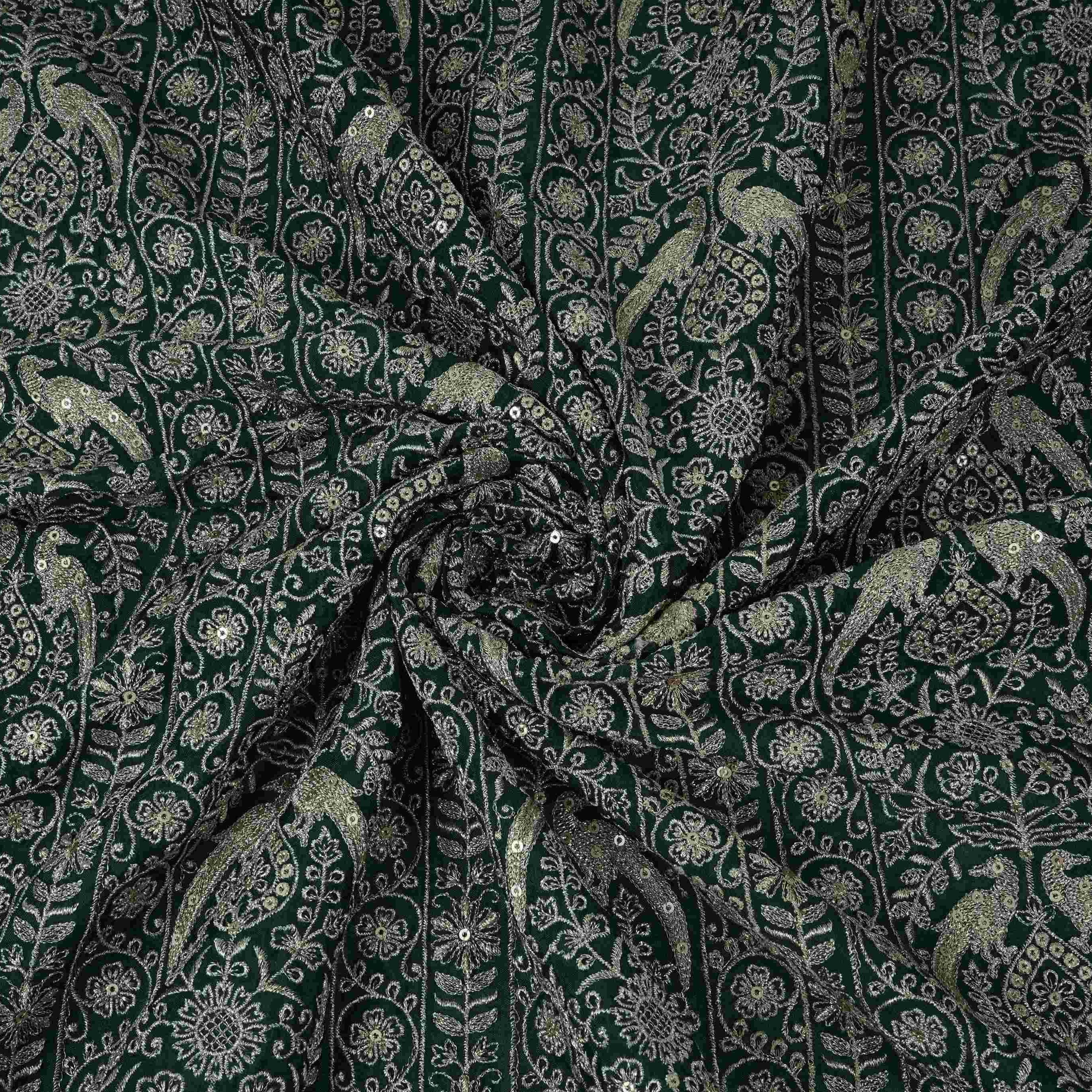 Bottle Green Heavy Zari Sequins Embroidery Chinon Fabric DR-32400 - TradeUNO